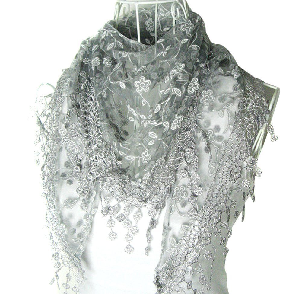 Fsstud Women's Grey Elegant Soft Lace Hollow Tassel Scarves Triangle Long Wrap Shawl Scarf