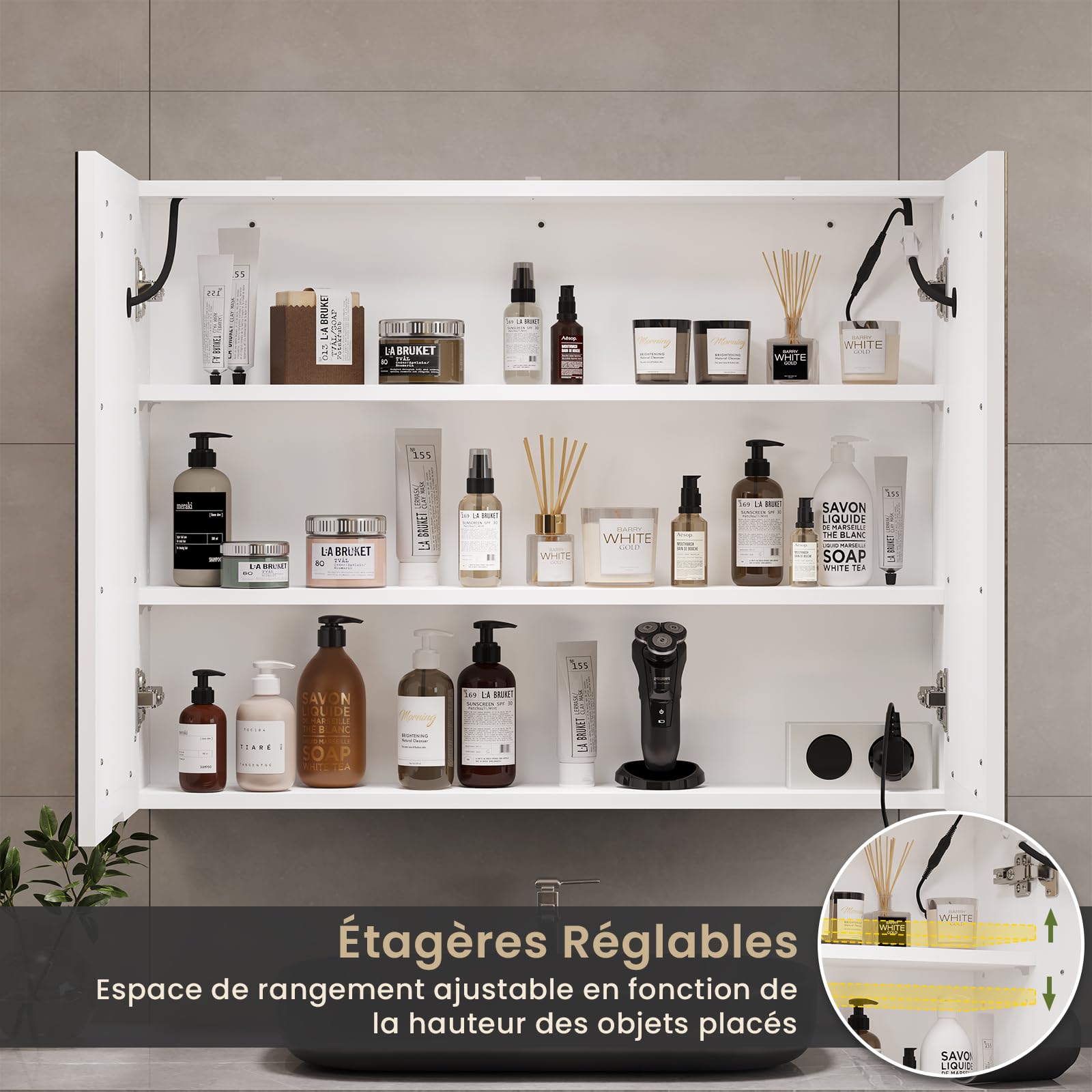 DICTAC Armoire de Salle de Bain avec Miroir et LED éclairage 70x16x60cm Armoire de Toilette Miroir avec Prise et Étagère Réglable,Meuble Pharmacie Salle de Bain,Température de Couleur Réglable,Blanc