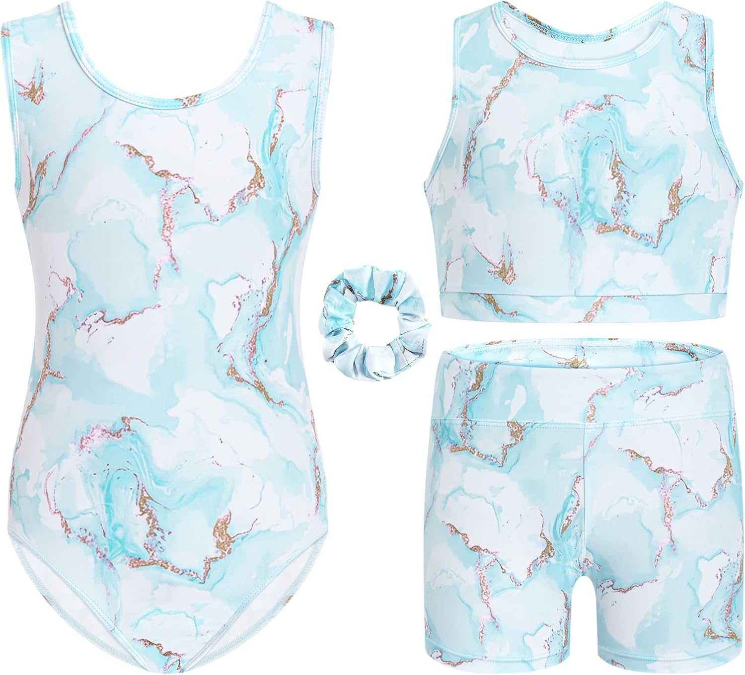 Gogokids Girls Gymnastics Leotards 4 Piece Set, Sleeveless Leotard with Shorts & Crop Top, Stretchy Dance Outfit for 5-12Y