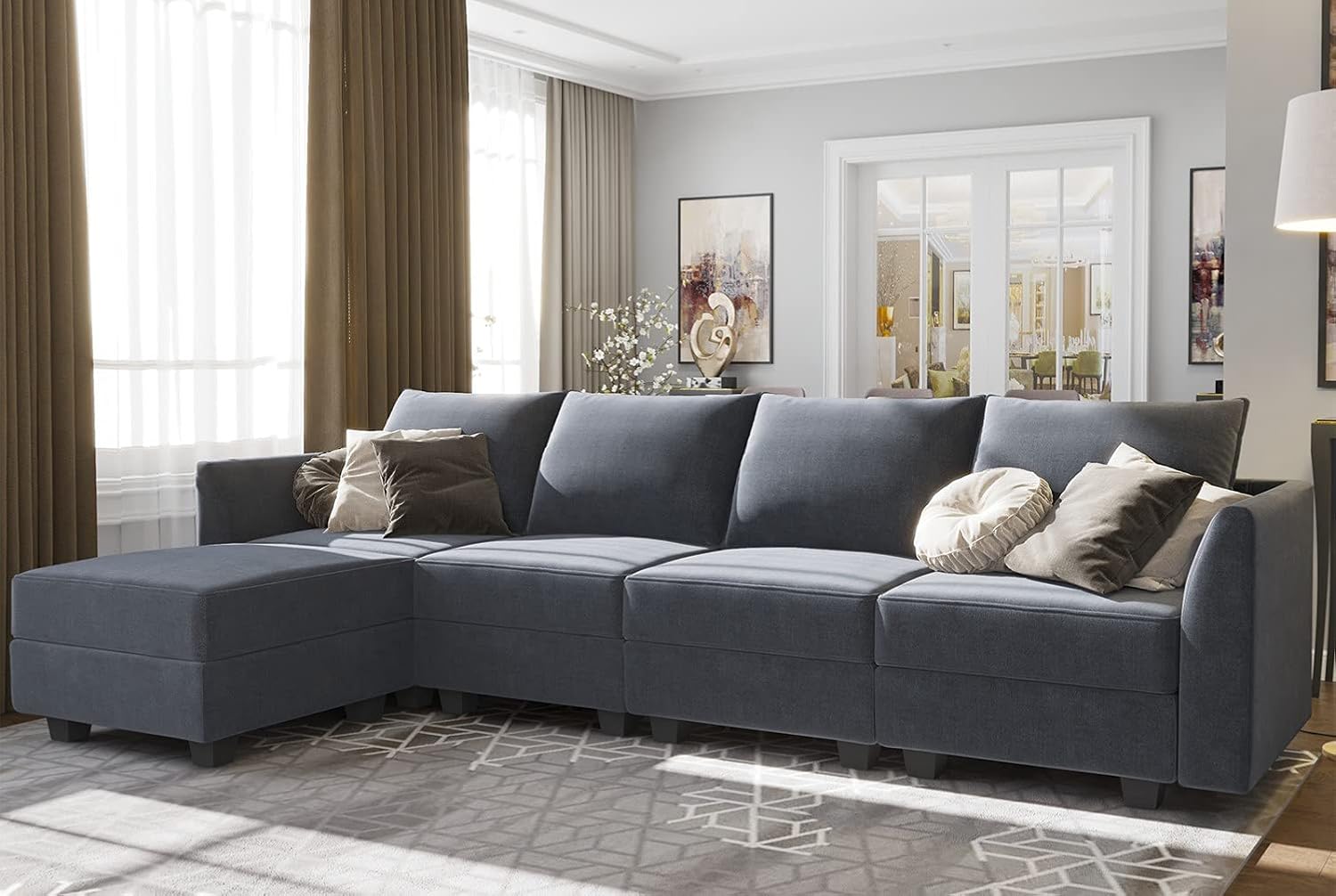 HONBAY Sectional Couch with Reversible Chaise Modern L-Shape Sofa 4-Seat Corner Couch Modular Sofa with Ottoman, Bluish Grey