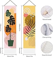 Vista 3 de AHANDMAKER 2 piezas de tapiz bohemio con plantas, hojas de plantas rosas y amarillas, tapiz vertical para colgar en la pared, estética botánica