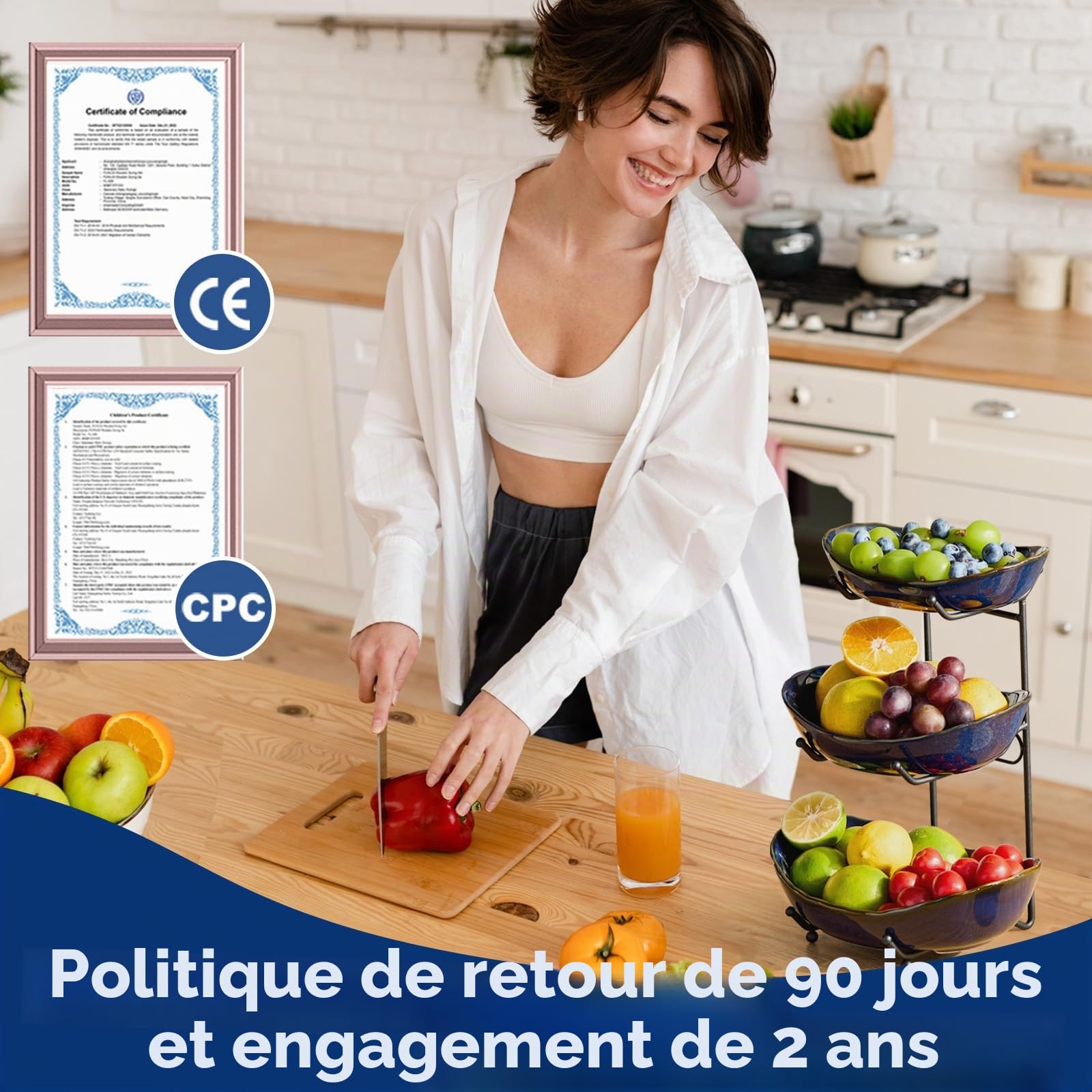 DUJUST Présentoir à fruits 3 niveaux en céramique, bol à fruits émaillé, gain de place & facile à ranger, plateau de service pour fruits, légumes & snacks, compatible lave-vaisselle & micro-ondes