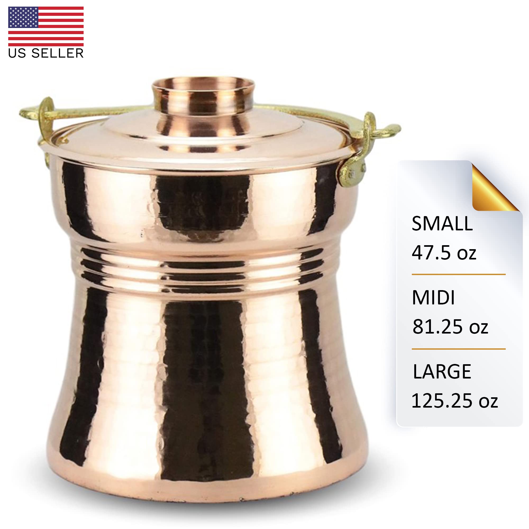 Turkish Copper Bucket with Lid and Brass Handle | Handmade Ayran Bucket | Vintage Serving Basket | Traditional Ice Bucket | Authentic Copper Yogurt Pot | Decorative Kitchenware Storage (125.25 Oz)