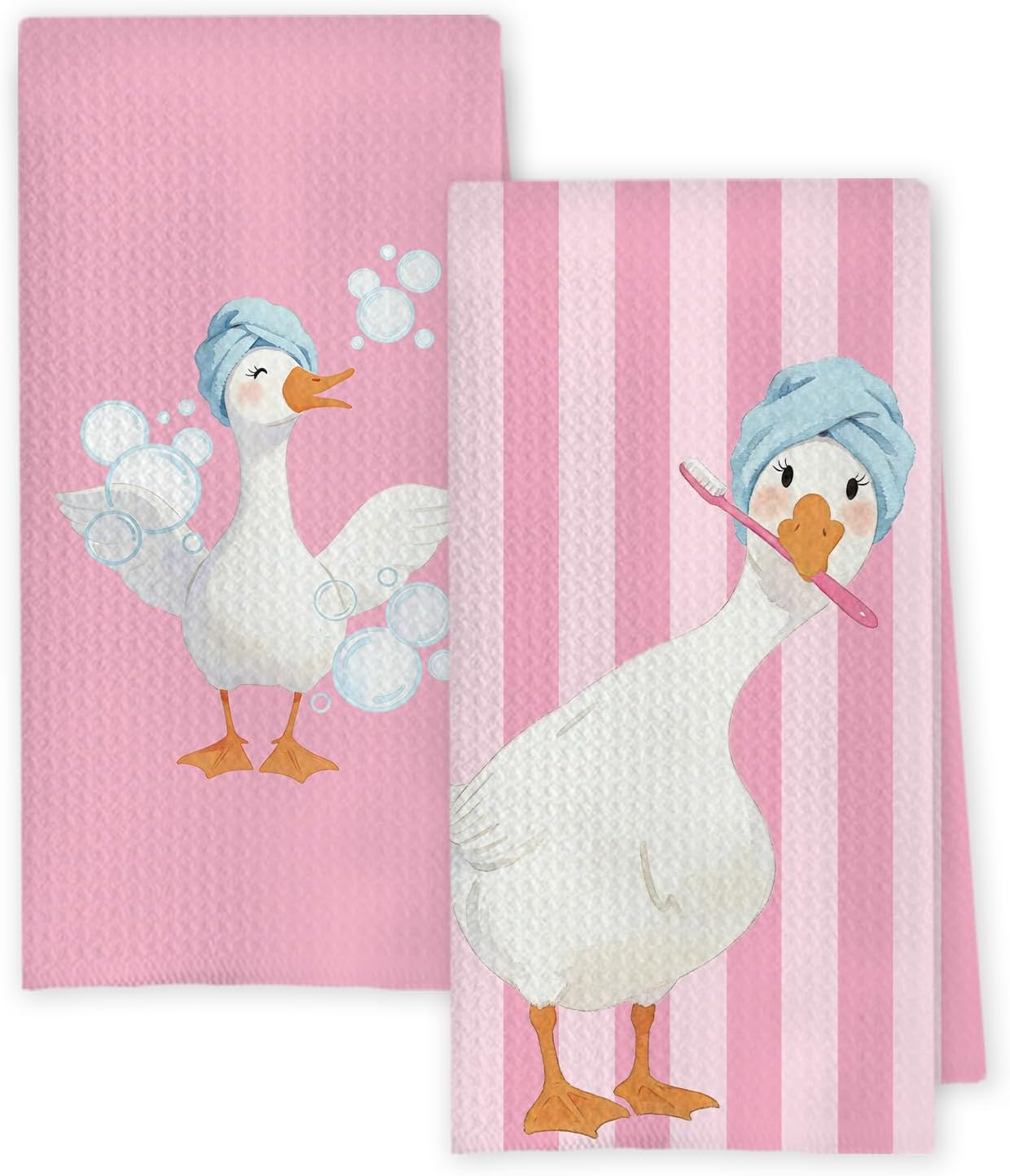 Chicimln Pink Funny Goose Bathroom Hand Towels, Preppy Striped Toothbrush Bubble Goose Decorative Hand Towels for Toddler Kids Girls Bathroom, 16x24 Inch Set of 2