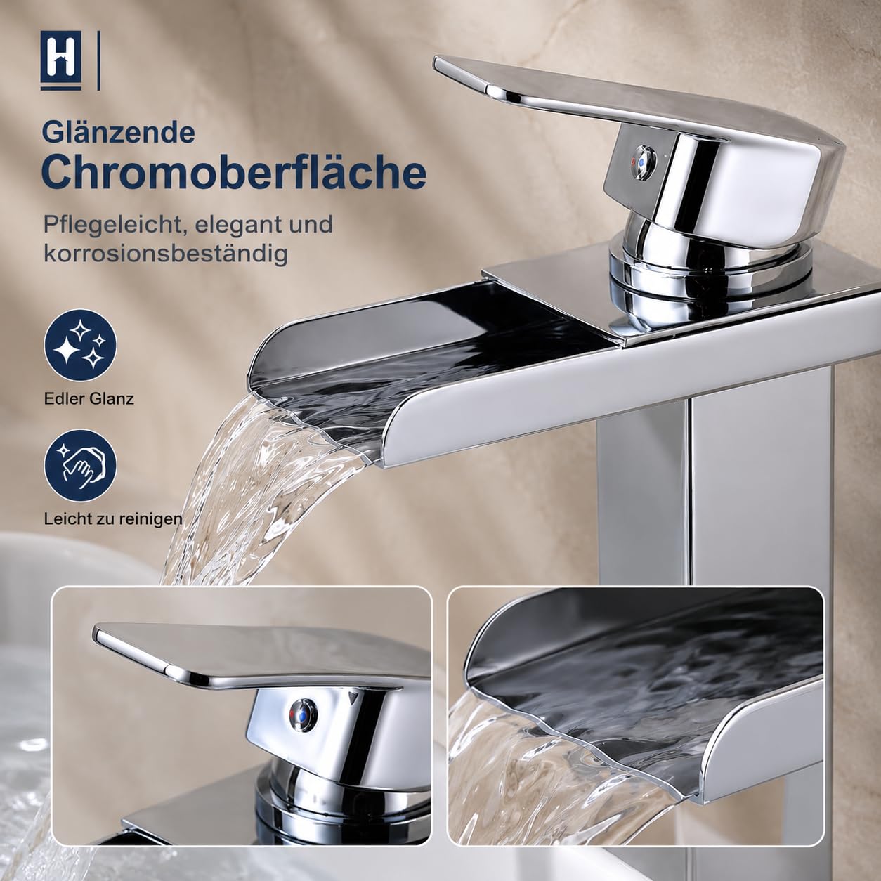 HOMELODY Rubinetto da bagno a cascata, miscelatore monocomando in ottone con beccuccio, altezza 260 mm, moderno miscelatore per lavandino, a risparmio energetico, cromato
