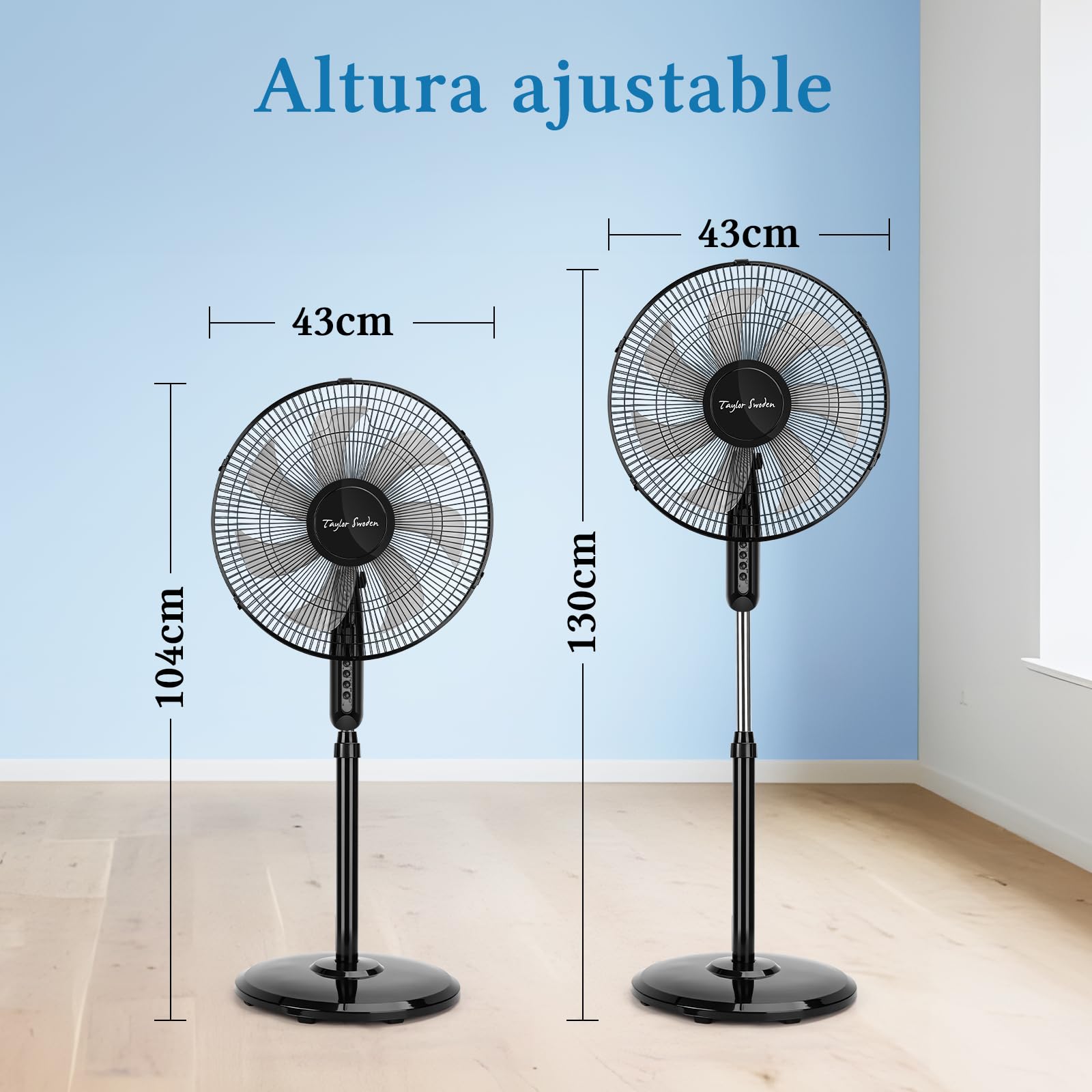 Taylor Swoden 7 Aspas Ventilador de pie Potente, 3 Velocidades, 50W Ventiladores, Altura Regulable, Oscilante, Rejilla de Seguridad, Base Estable, Negro, 43x40x120cm, *2