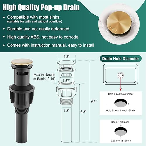 Miniatura 8 de Heyalan Grifo de lavabo de baño de un solo agujero, 1 mango, montaje en cubierta, de latón, grifo mezclador de baño con drenaje, alcance de boquilla