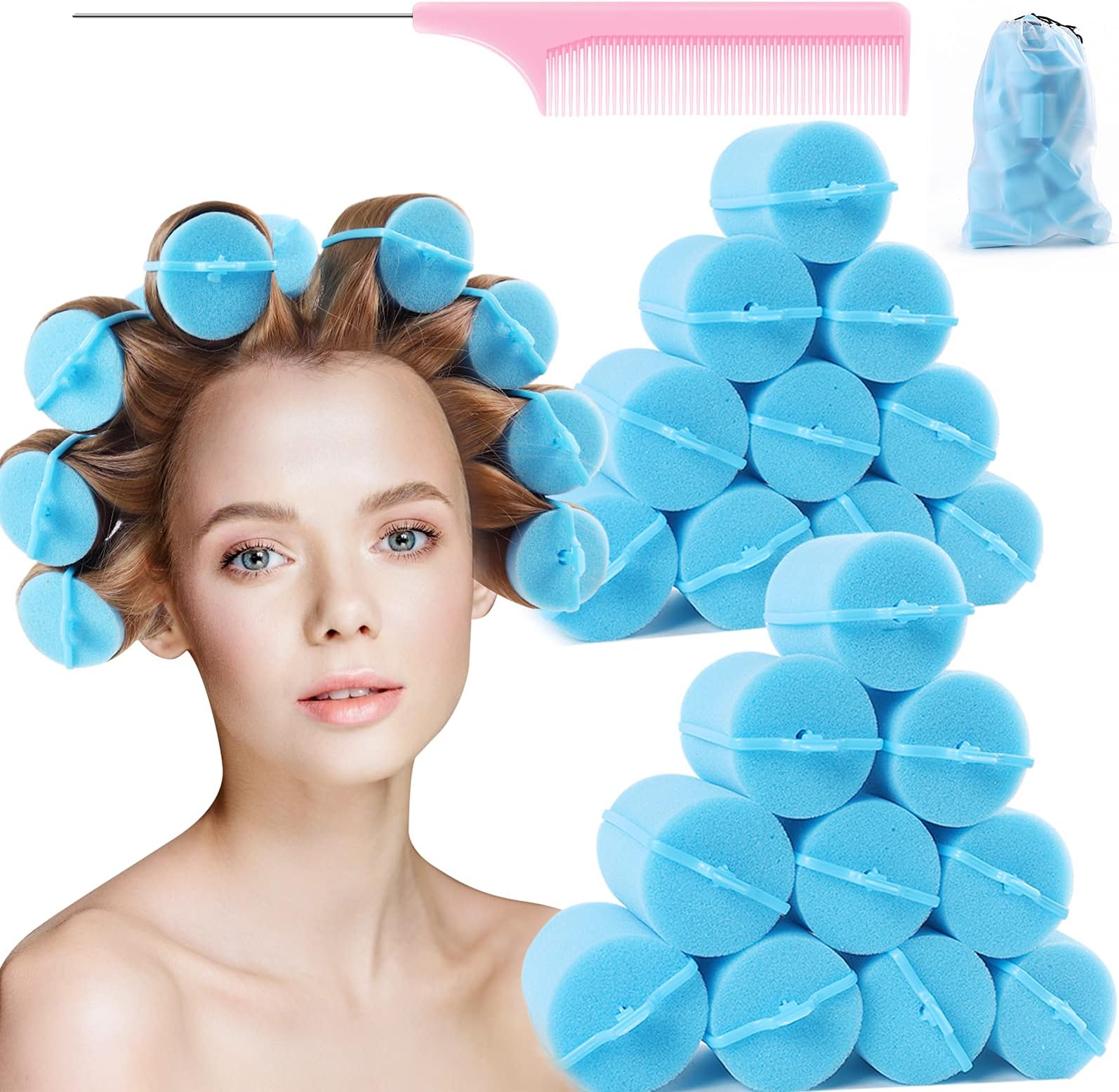 Jumbo Foam Sponge Hair Roller Soft Sleeping rollers Curvy Wavy Hairstyle Curling Hair Styling Tools 24 Pieces Use For Long Hair Short Hair Ladies And Children 2"X2.75"(blue)
