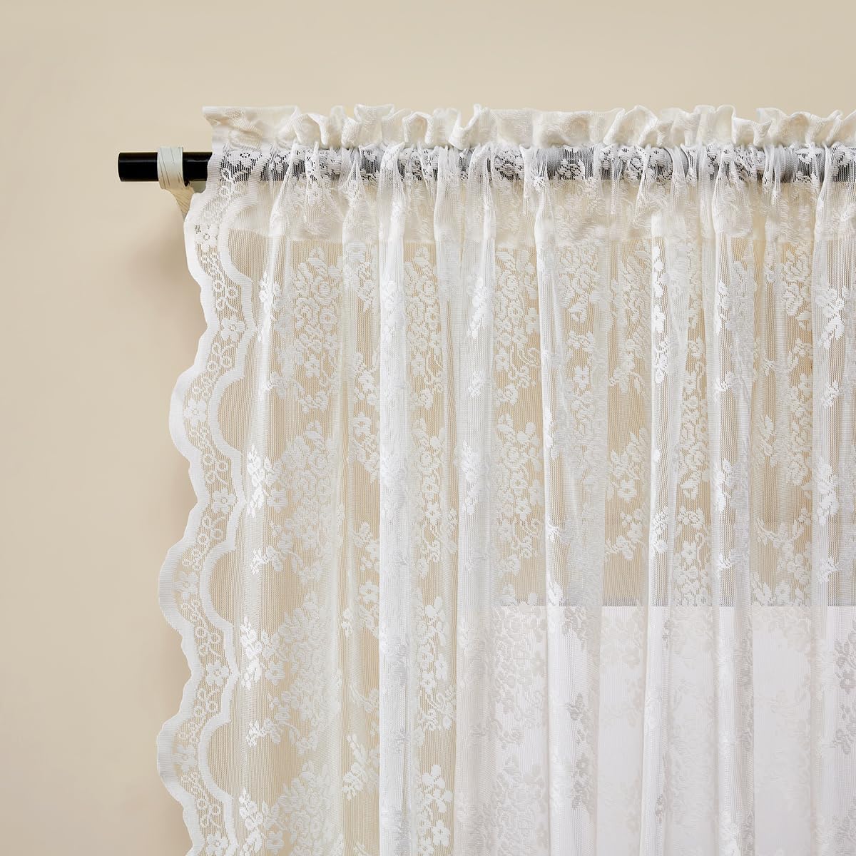 Wracra Rustic Lace Curtains, Romantic Ivory Sheer Curtains 63 Inches Long 2 Panels Set, Elegant Flowers and Branch Sheer Lacy Curtains for Bedroom/Living Room (2 Panels, W52 x L63)