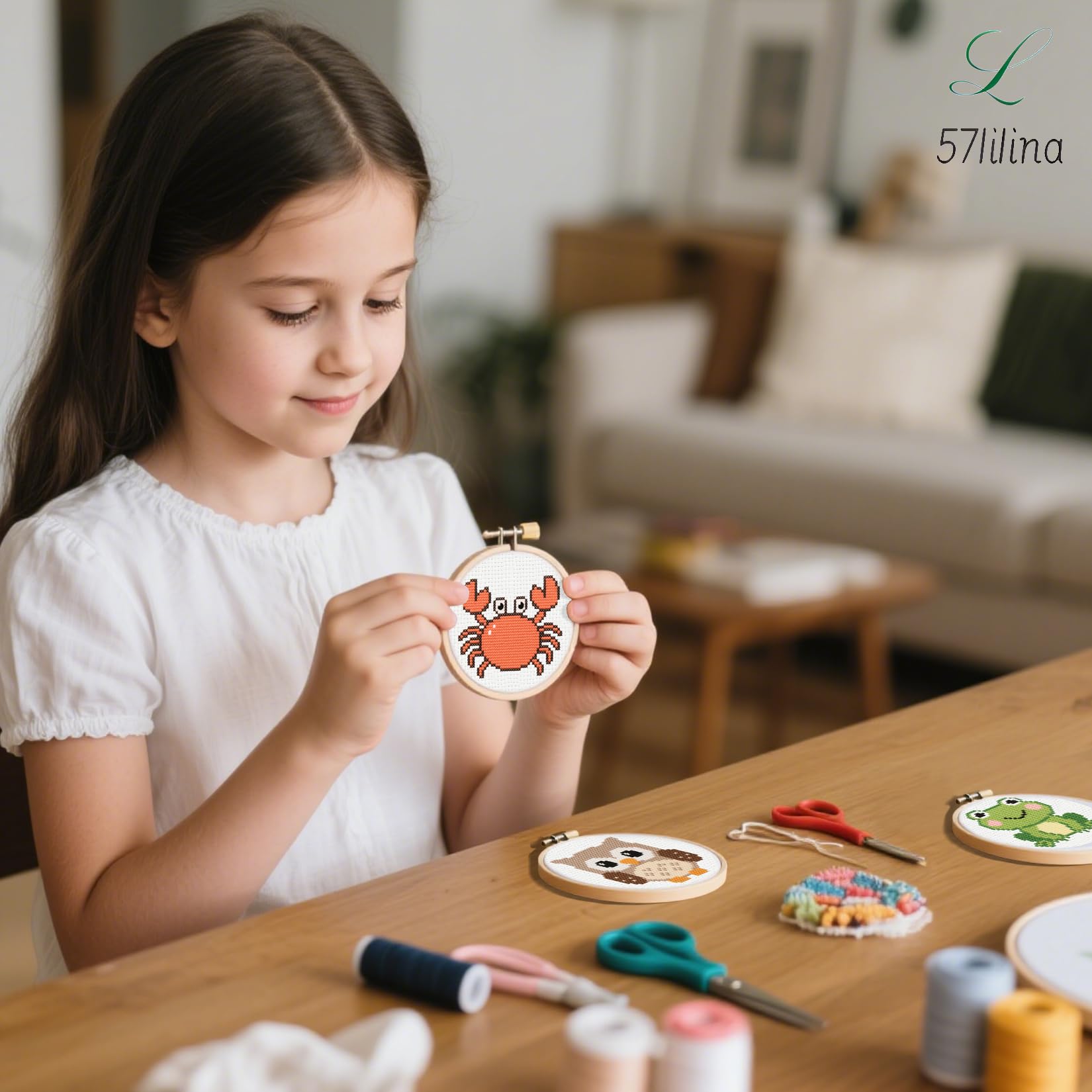 57lilina Einfache Stickset Kinder ab 8 Jahren & Anfänger, 6 Stück | Süß Stickbilder zum Sticken, DIY Klein kreuzstich Set Vorgedruckt für Rucksack-Ornament, Schlüsselanhänger & Geschenke