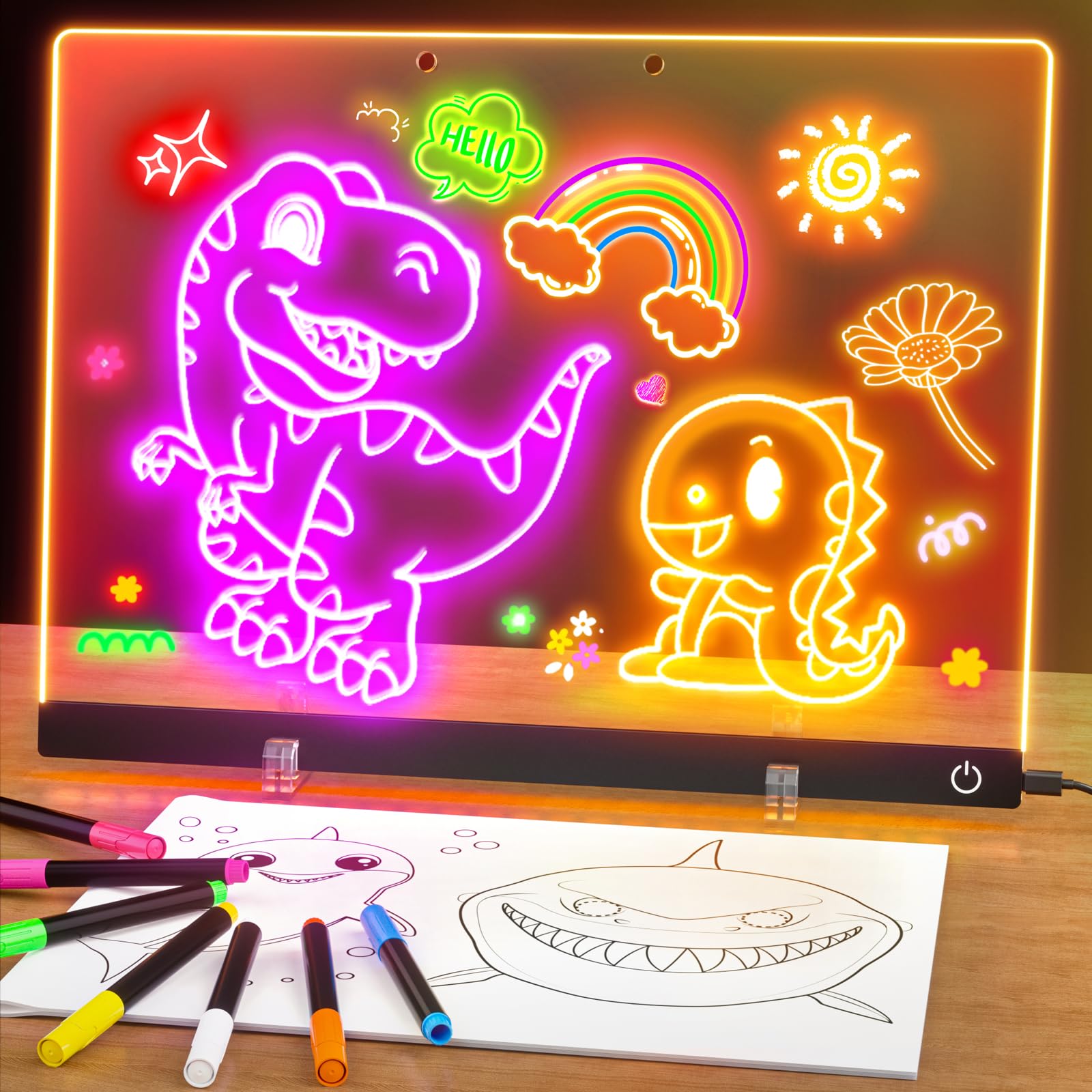 Acrylic Dry Erase Board with Light, 13.7"X10" 6-Color Neon Glow Memo LED Light-Up Message Note Lumiboard with Stand as Night Light for Room/Store/Office/Festival/Gift, Touch Control, 7 Markers