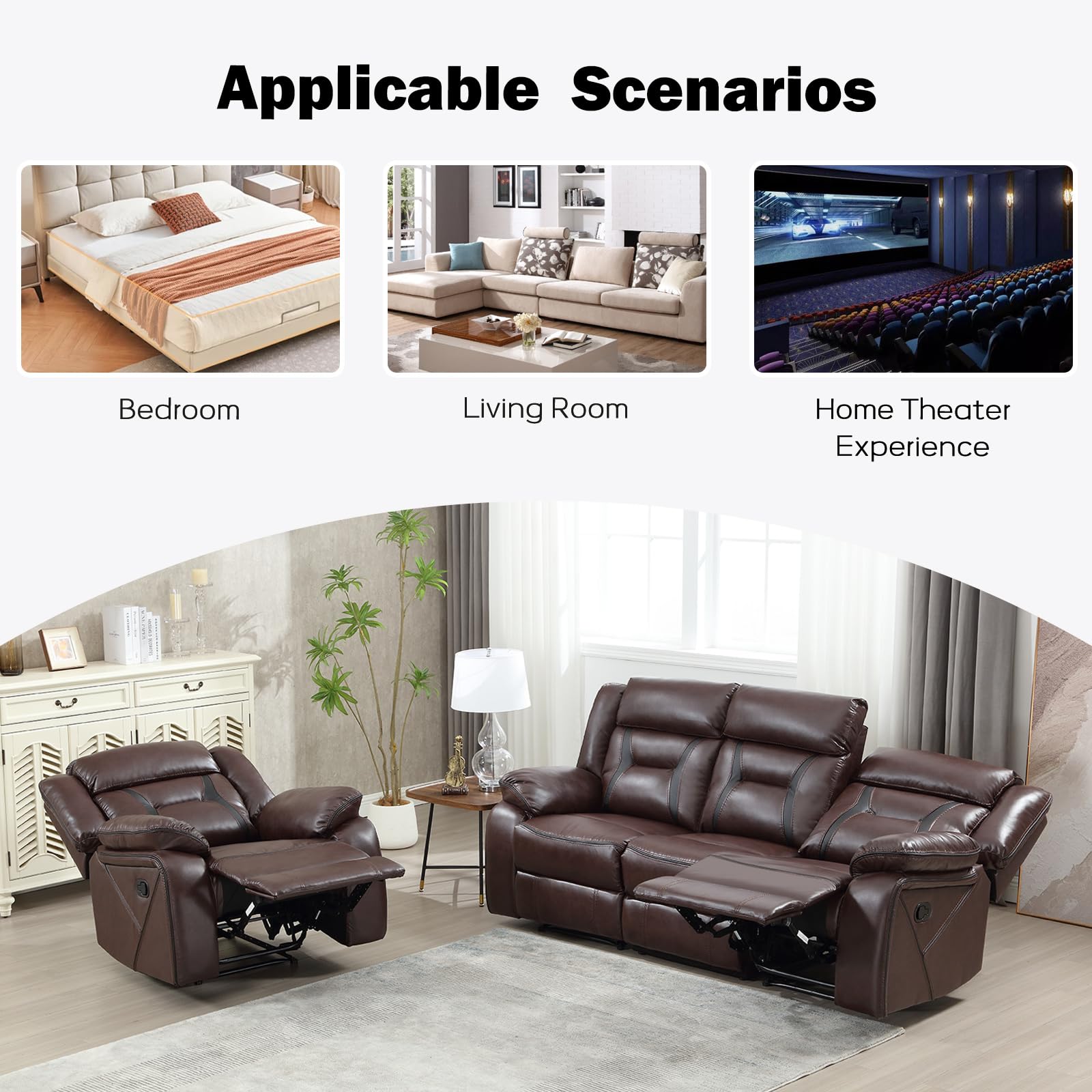 EBELLO Manual Recliner Sofa Set, Faux Leather Reclining Living Room Furniture Set, Included Recliner Chair and 3 Seat Manual Sofa, Dark Brown view 6