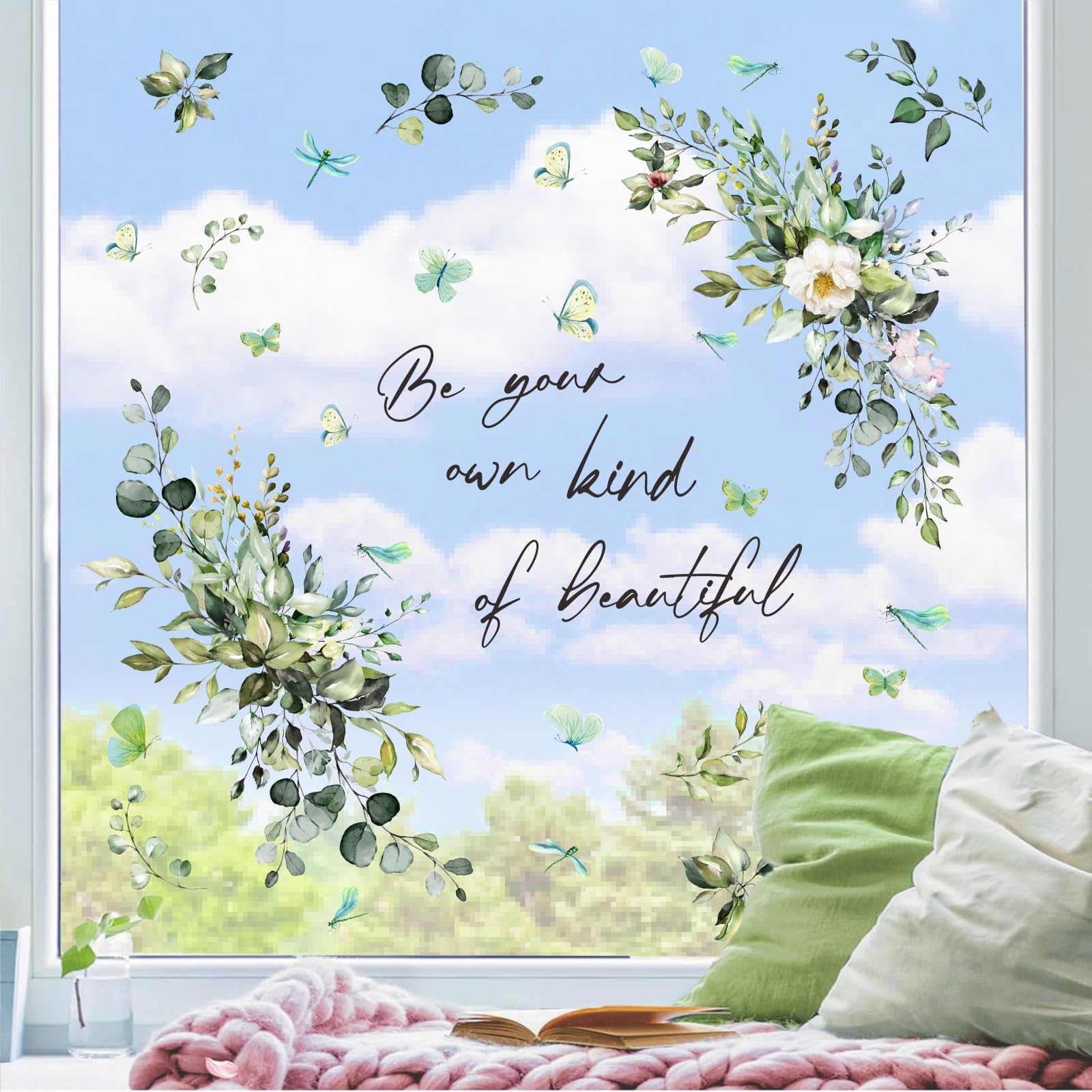 Green Leaves Window Clings for Glass Windows Rustic Butterflies Hanging Vine Decals Double Sided Inspirational Window Sticker Anti-Collision Windows