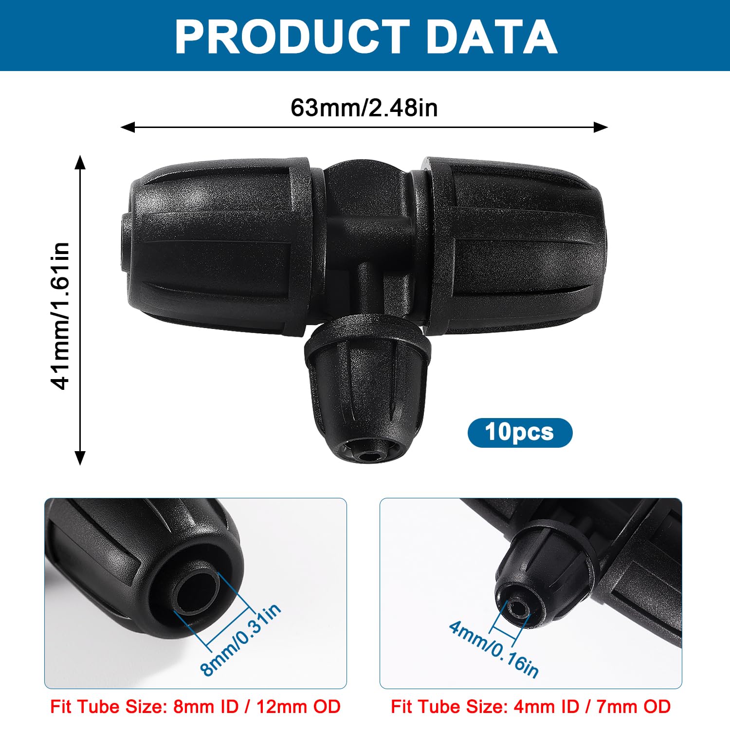 VooGenzek 10-Piece Barbed Tee Connector for Drip Irrigation 3-Way Anti-Drop 8/12 mm to 4/7 mm, Plastic - Image 2