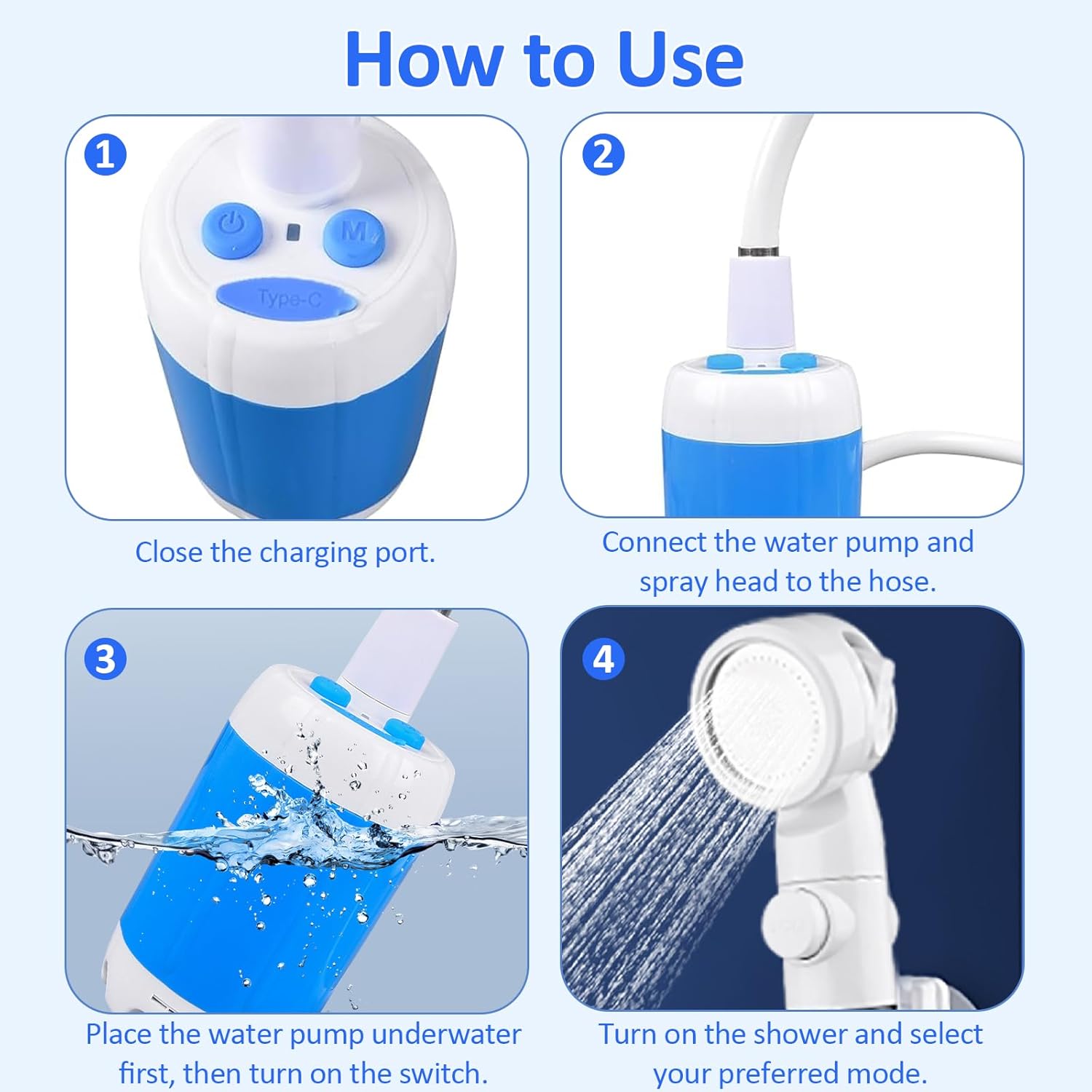 Portable Camping Shower, Upgrade Rechargeable Outdoor Shower Pump with Rinsing Nozzle and Multiple Spray Modes for Camping, Hiking, Pet Bath, Traveling, RV