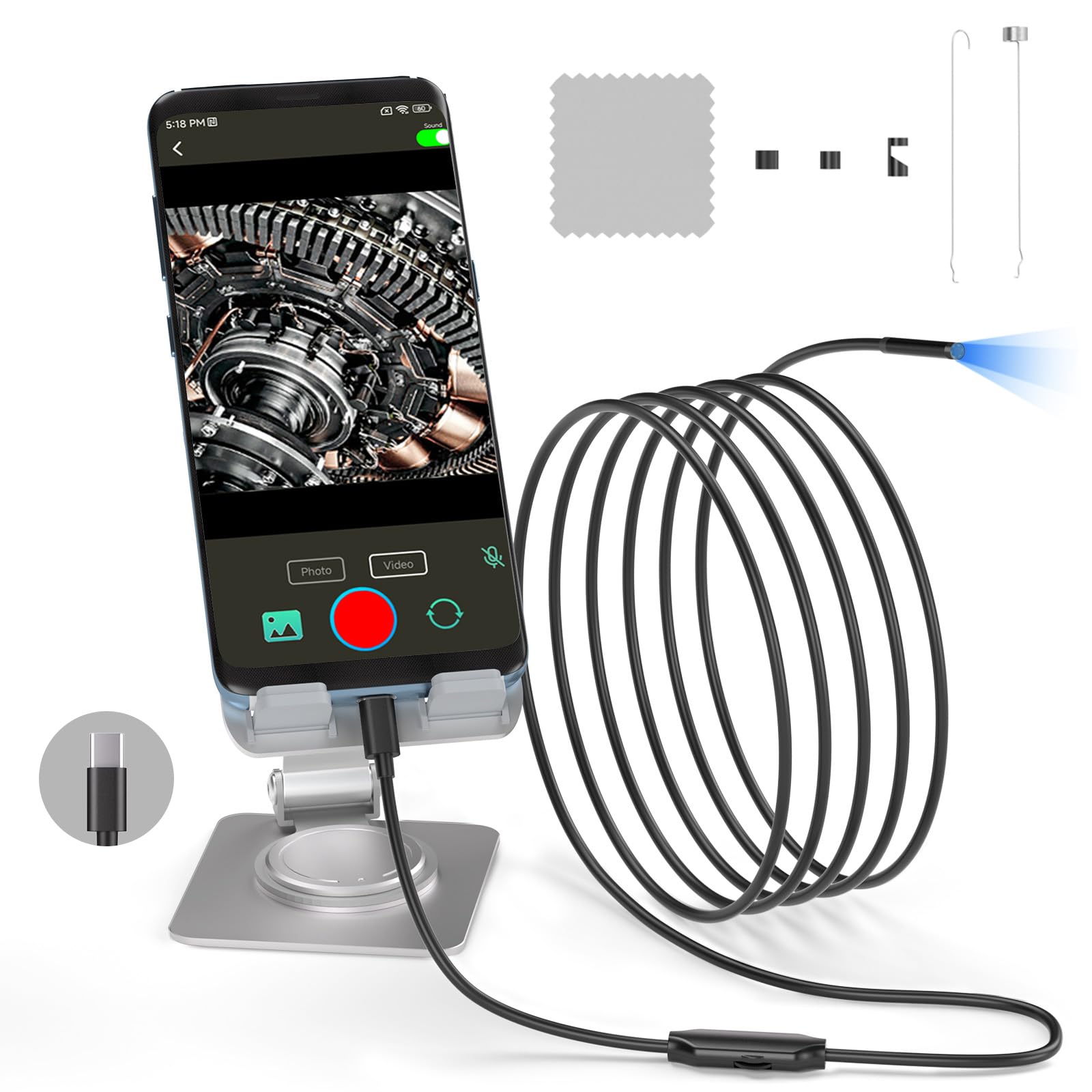 Cámara endoscópica con luz, 1280p HD endoscopio con 6 Luces LED Ajustables, endoscopio con cámara semirrígida de Serpiente de 16,4 pies, cámara de inspección Impermeable IP67 de 8 mm para