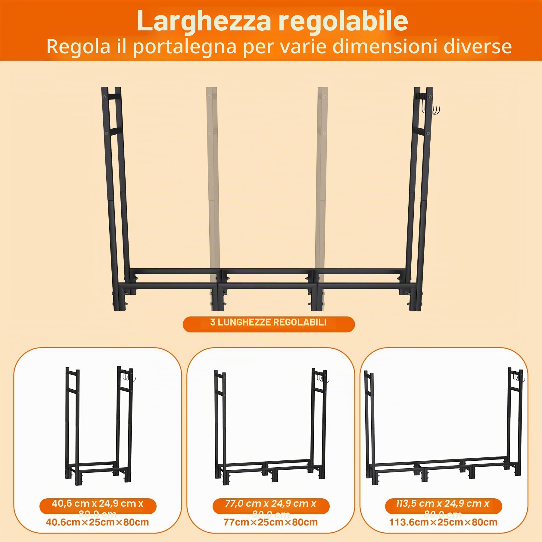 Scaffale Per Legna Da Ardere In Metallo,Scaffale Portalegna Da Esterno,114x25x80cm,Supporto Legna Da Ardere Regolabile,Supporto Impilabile,Per Giardino, Terrazza, Portico,Accanto Al Camino