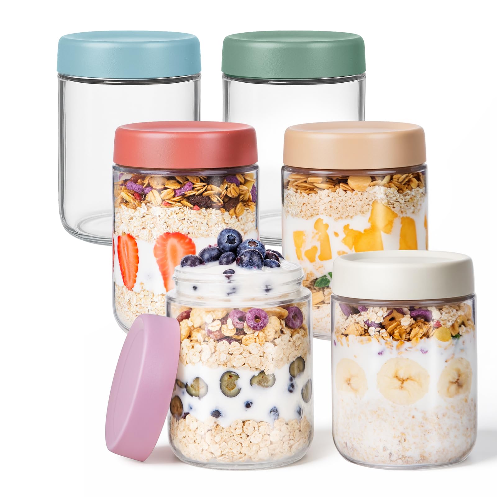 PITCH + PULSE Overnight Oats Jars, 6 pack 500ml/16oz Overnight Oatmeal Container with Lid, Homemade Yogurt Oatmeal Salad Jam Pudding Storage Container โ image 1
