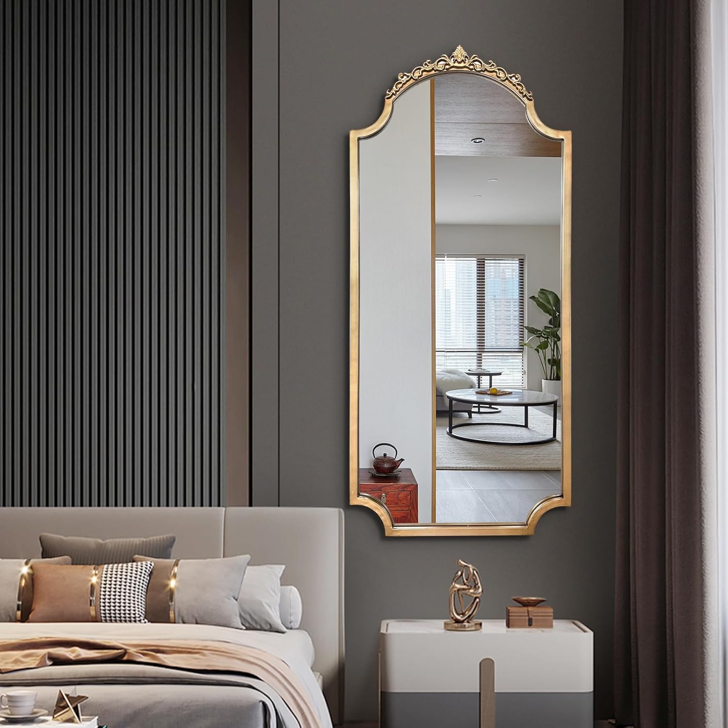 Gold Vintage Arched Mirror, 47"x22" Ornate Baroque Mirror, Traditional Carved Mantel Mirrors, Elegant Decorative Mirrors for Living Room Fireplace Bathroom Bedroom Entryway - Image 9