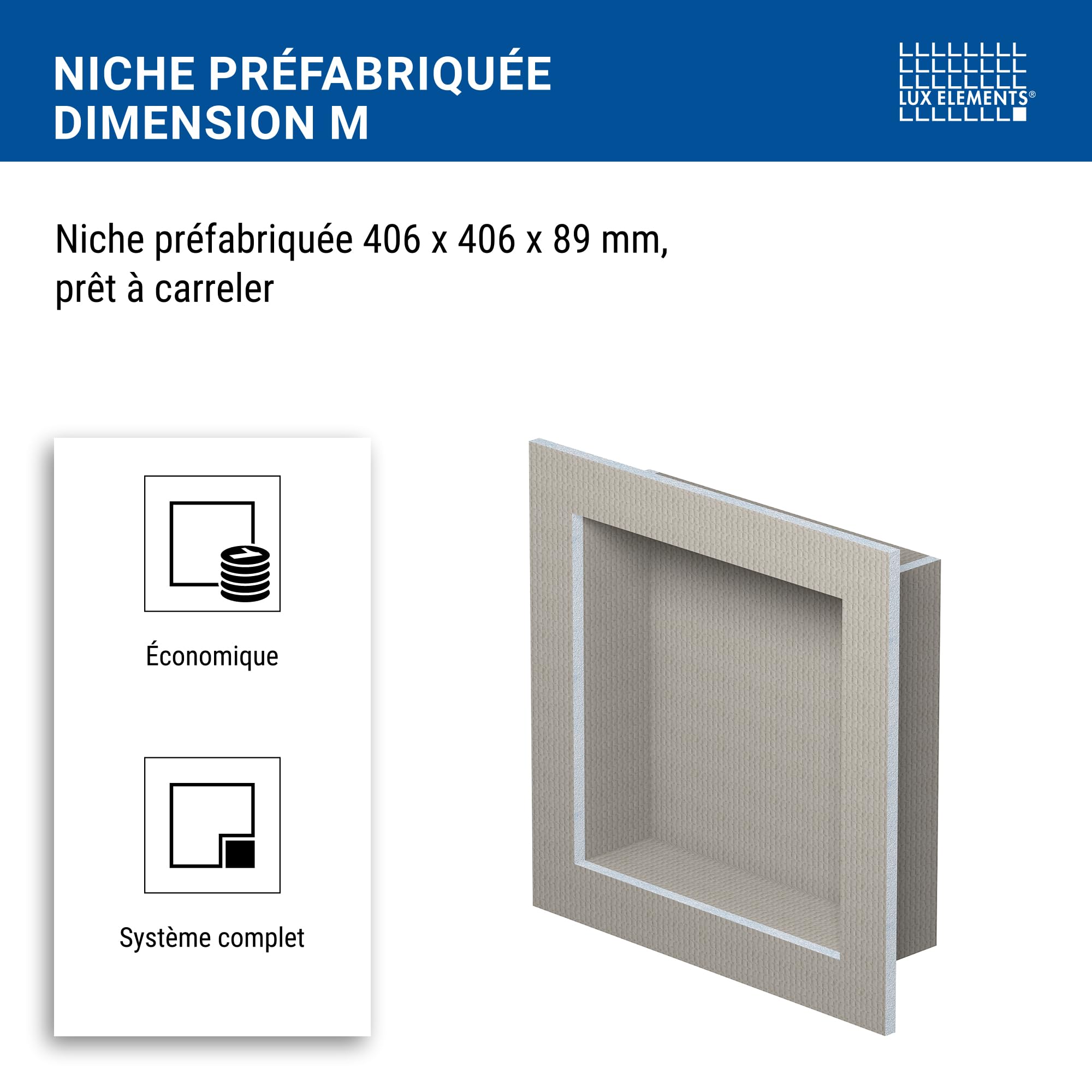 LUX ELEMENTS Niche prêt à carreler, dimensions 40,6 x 40,6 x 8,9 cm, RELAX-NI M LREL8201, gris