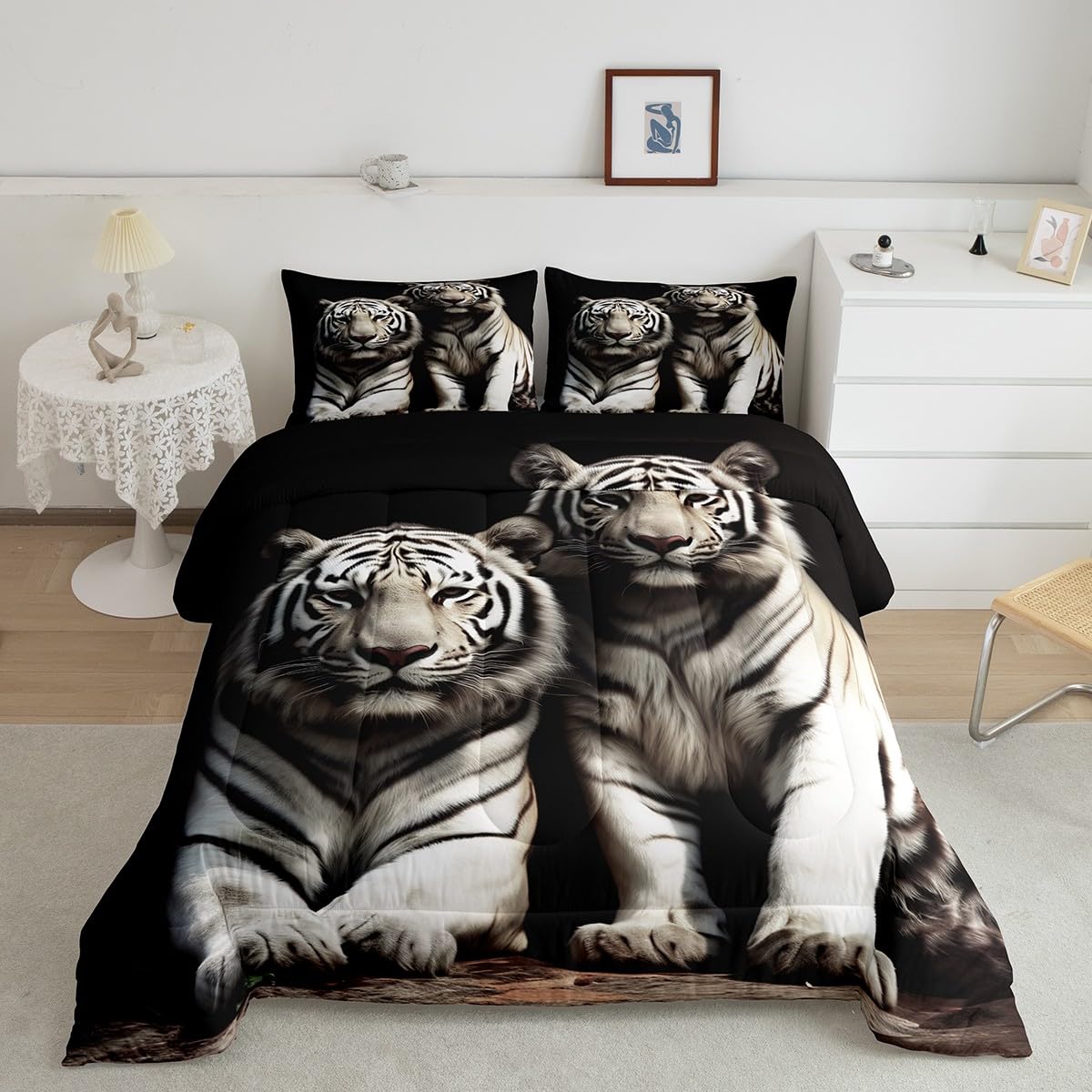 Erosebridal Parure de lit matelassée à motif de tigre blanc pour enfants, garçons, filles, adolescents et adultes, motif à rayures grises et noires pour grand lit