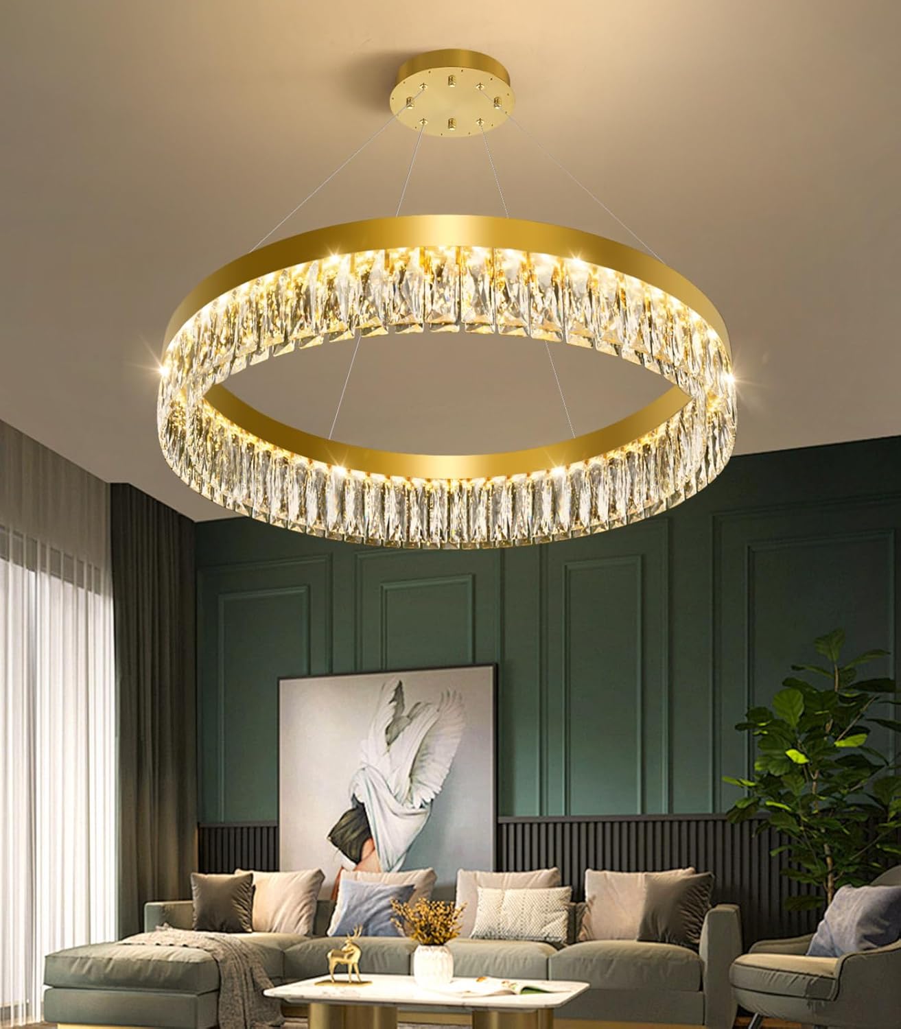 31.5" 1 Ring Modern LED Dimmable Ring Chandelier Adjustable Round Crystal Chandelier for Dining Room Living Room Gold