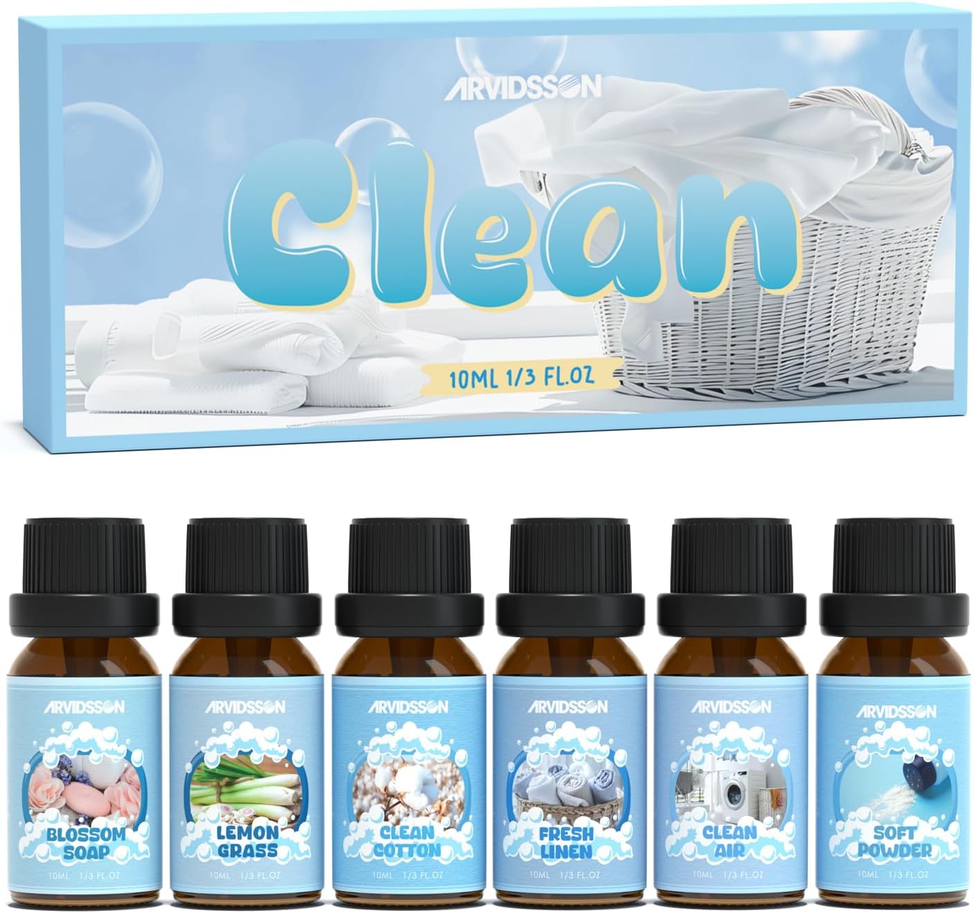 Clean Essential Oils Set, ARVIDSSON Natural Fragrance Oil for Diffuser, Soap Making – Fresh Linen, Clean Home, Fresh Cotton, Soft Powder, Blossom Soap, Lemongrass, Strong Scented Oils for Home Clean Essential Oils Set, ARVIDSSON Natural Fragrance Oil for Diffuser, Soap Making – Fresh Linen, Clean Home, Fresh Cotton, Soft Powder, Blossom Soap, Lemongrass, Strong Scented Oils for Home