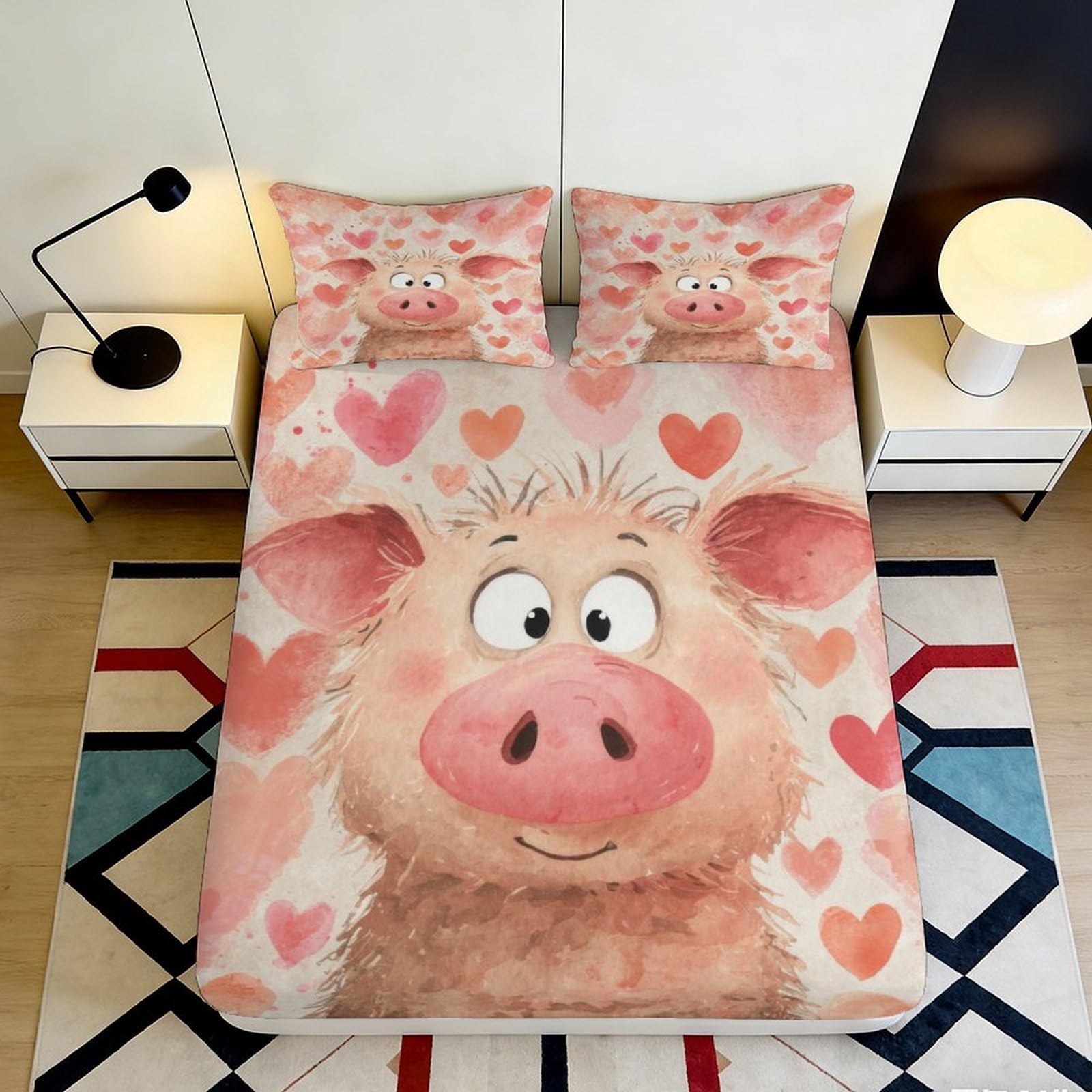 3D Printed Cartoon Pig Heart Fitted Sheet Microfiber Pink Animal Mattress Cover Anti-Slip for Bedroom Guestroom 180x200x25cm