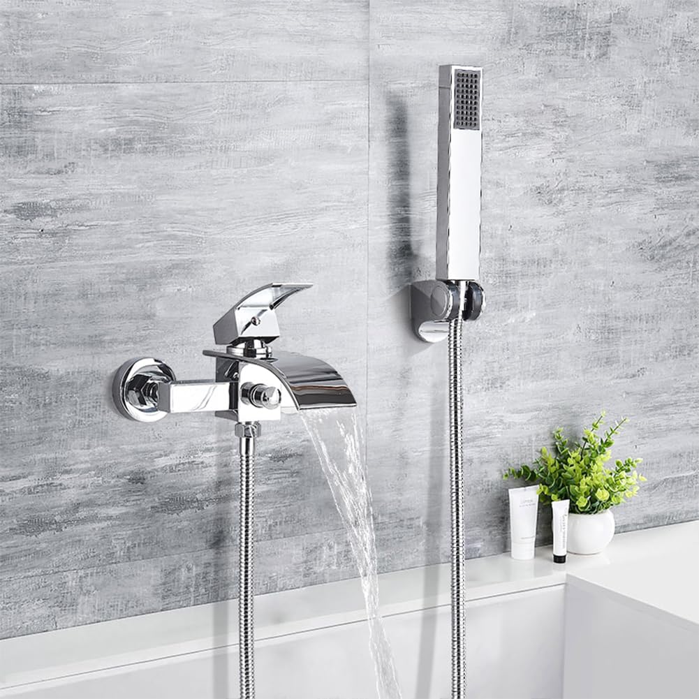 Waterfall Bath Shower Mixer Tap Wall Mounted Bathtub Faucet Modern Brass Single Lever Bath Taps, Bathroom Tub Faucet, with Handshower and 1.5m Shower Hose, Chrome