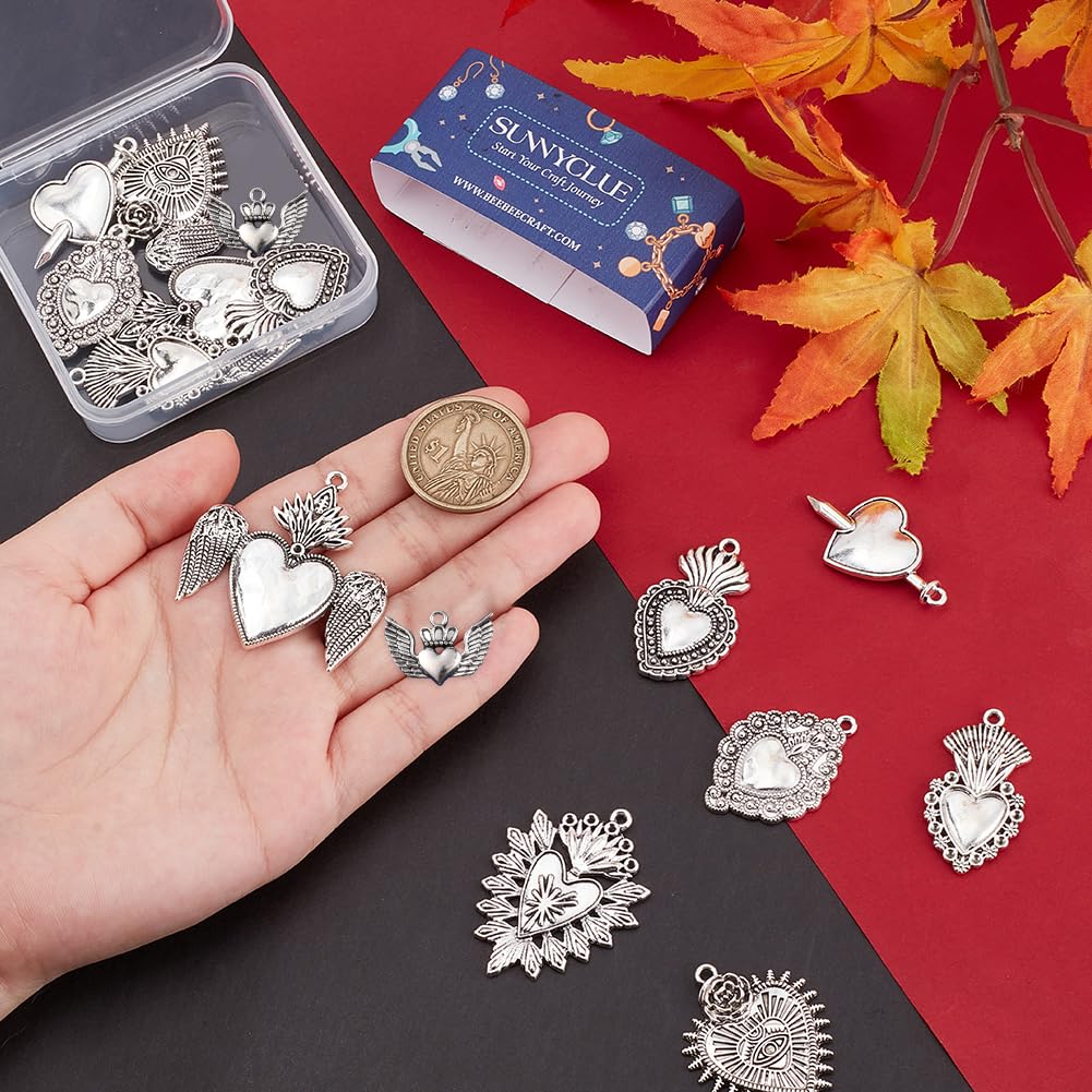 SUNNYCLUE 1 Box 16Pcs 8 Styles Gothic Heart Charms Sacred Heart Charms Bulk Tibetan Silver Alloy Wings Holiday for Jewellery Making DIY Necklace Bracelet Earring Halloween Decoration - Image 3