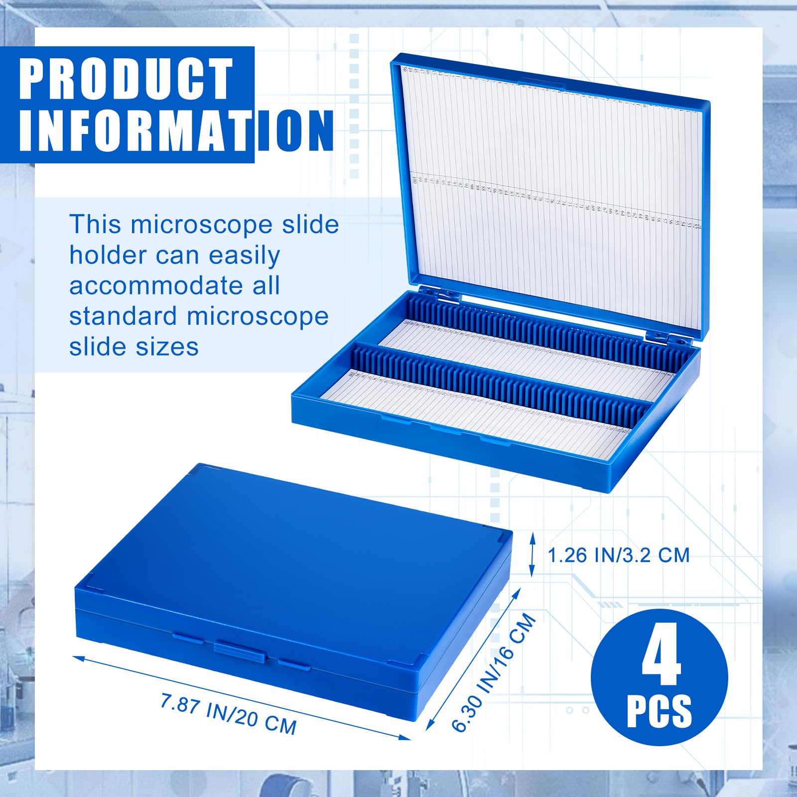Wonderjune Mikroskop-Aufbewahrungsbox, 100 Plätze, 8 x 6 x 1, Blau, 4 Stück