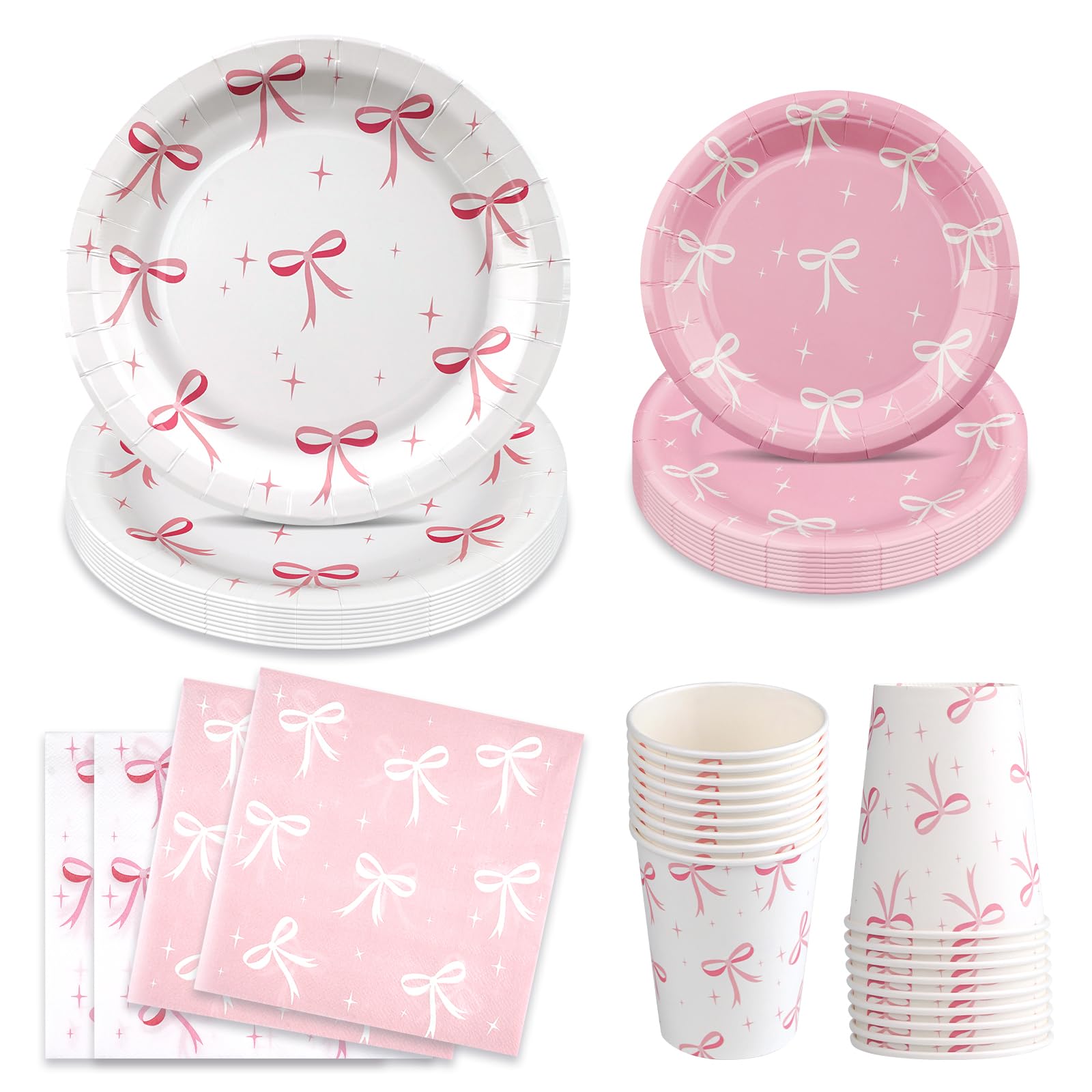 96Pcs Pink Bow Party Plates 7" and 9", Disposable Paper Plates Cups and Napkins, Pink White Bowknot Party Tableware Set Serves 24 Guests for Girls Women Birthday Bridal Bachelorette Decorations
