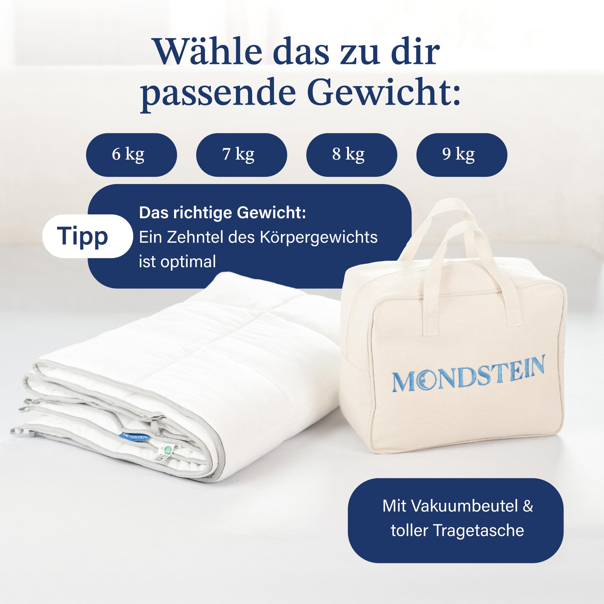 MONDSTEIN Gewichtsdecke 135x200 cm 6 kg Schwere Therapiedecke für Erwachsene 2-in-1 Schlafdecke aus Baumwolle Oeko-TEX