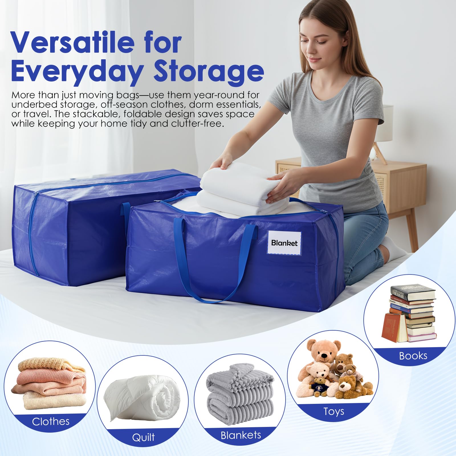 Set da 4 Borse da trasloco extra large, Scatole trasloco con cinghie per zaino, zip e manici resistenti, Borsa Portaoggetti Grande in Poliestere, impermeabili Borsa di stoccaggi per piumoni, vestiti
