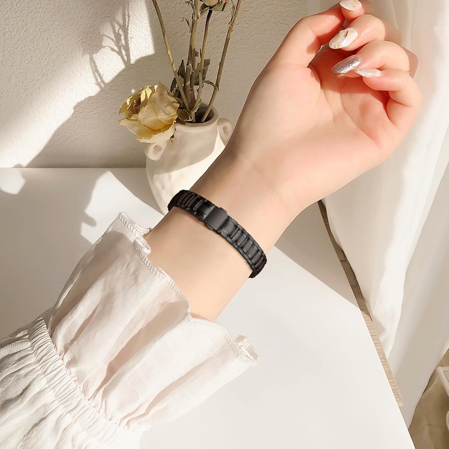 SOLOLUP Slim Metal Band Compatible With Apple Watch Bands for Women 44mm 45mm 46mm 49mm 42mm,Thin Dressy Stainless Steel Chains Strap for iWatch Band Series 11 10 9 8 7 6 5 4 3 SE Ultra 3/2,Black - Image 3