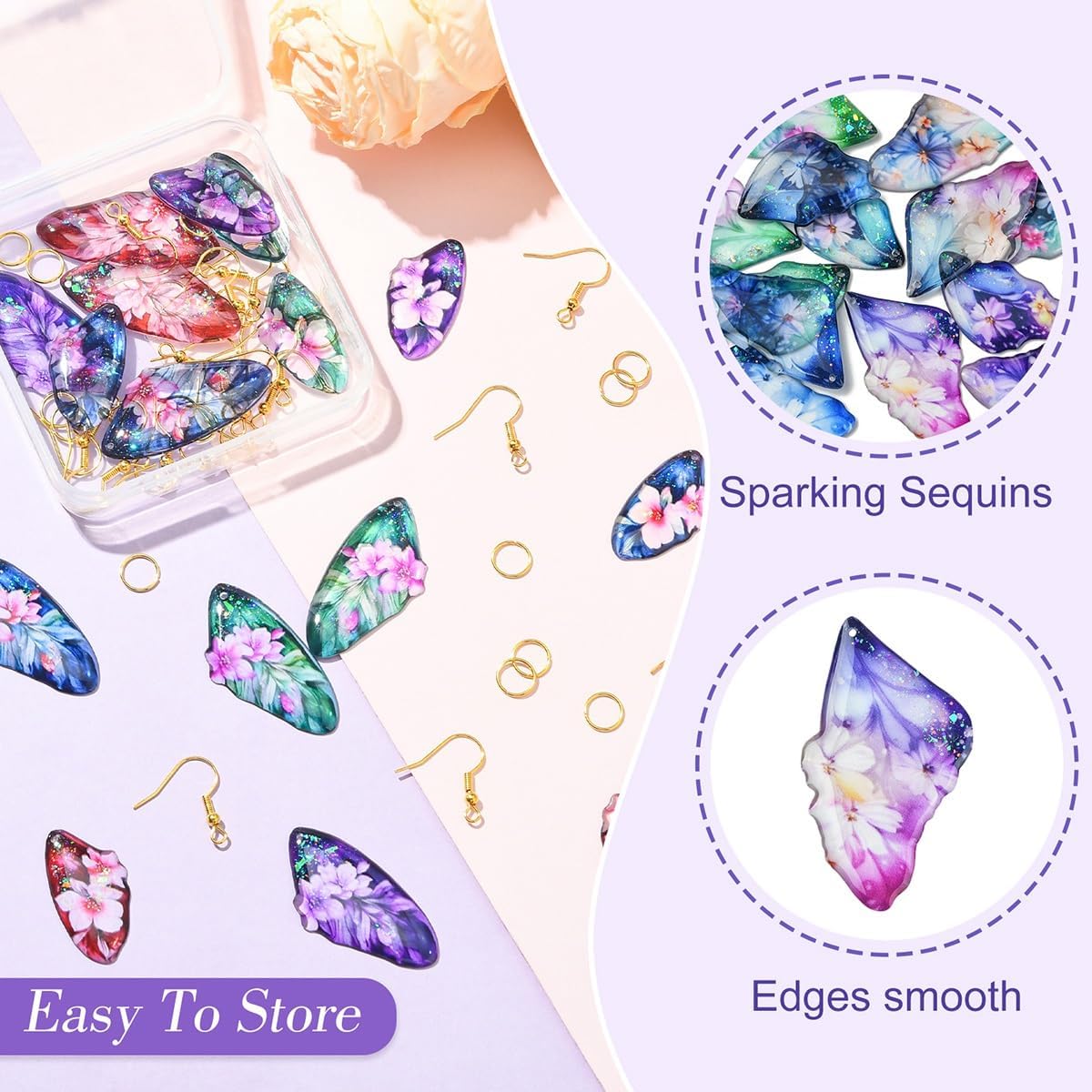 Echoed Elegance 16 Pcs Butterfly Wing Pendants Transparent Flower Resin Wings Pendants Glitter Insect Wing Earrings Making Kit with Earring Hooks Jump Rings for DIY Earring Jewelry Making (Style B) image 3