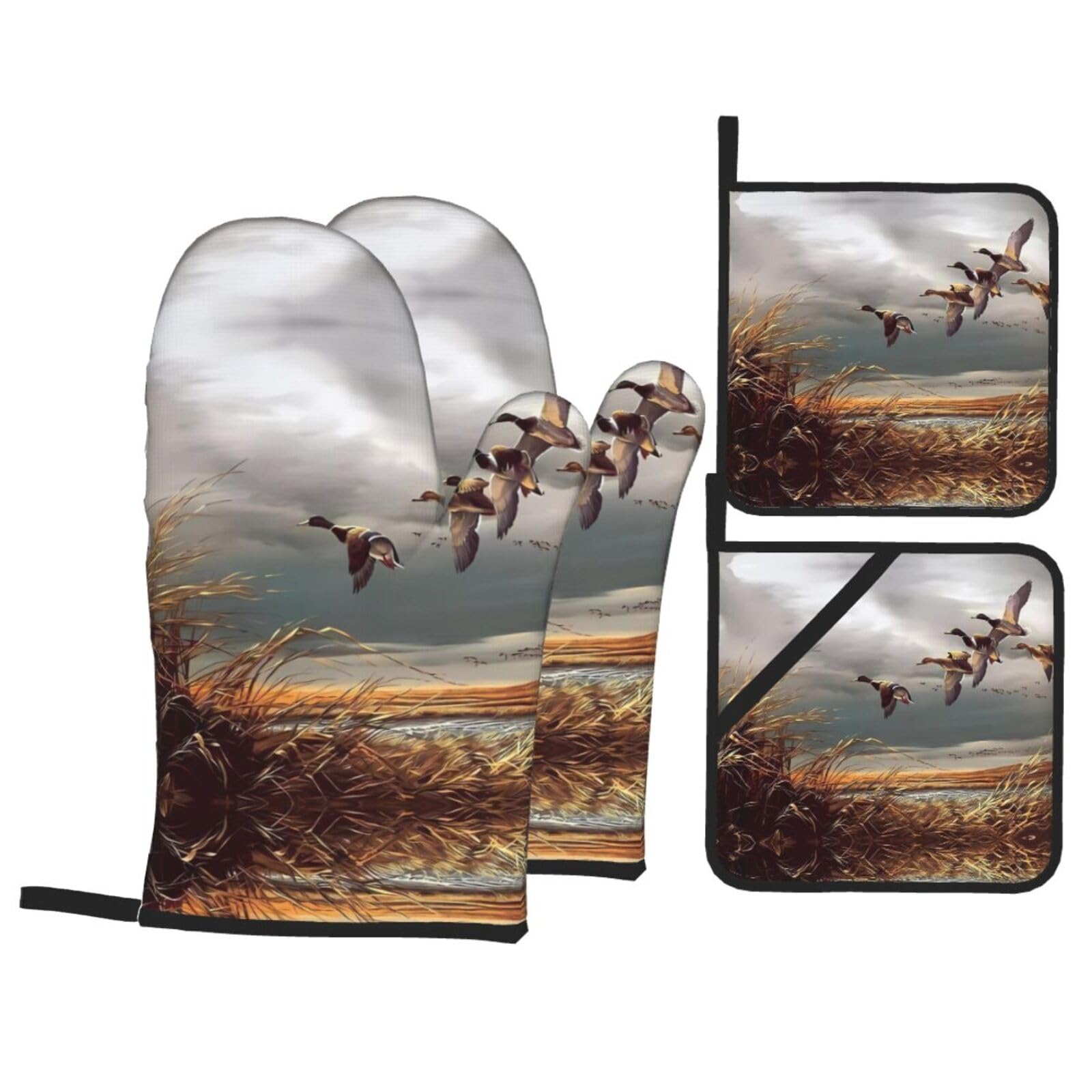 WHJSSF Hunting Flying Wild Ducks Prints Kitchen Baking Set - 4-Piece Heat Protection Layers with Waterproof Potholders for Oven, Grill & Serving