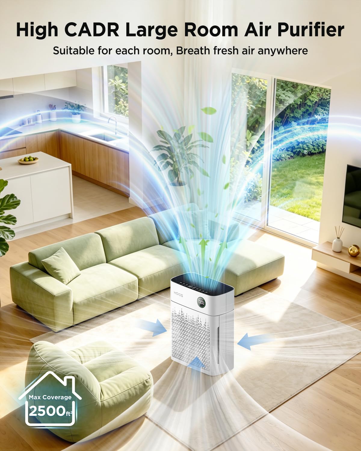 Purificadores de aire para el hogar, habitación grande de hasta 2500 pies cuadrados, purificador de aire KOIOS H13 HEPA con filtro lavable, PM2.5 AQI, modo de sueño de 22 dB, limpiador de aire para