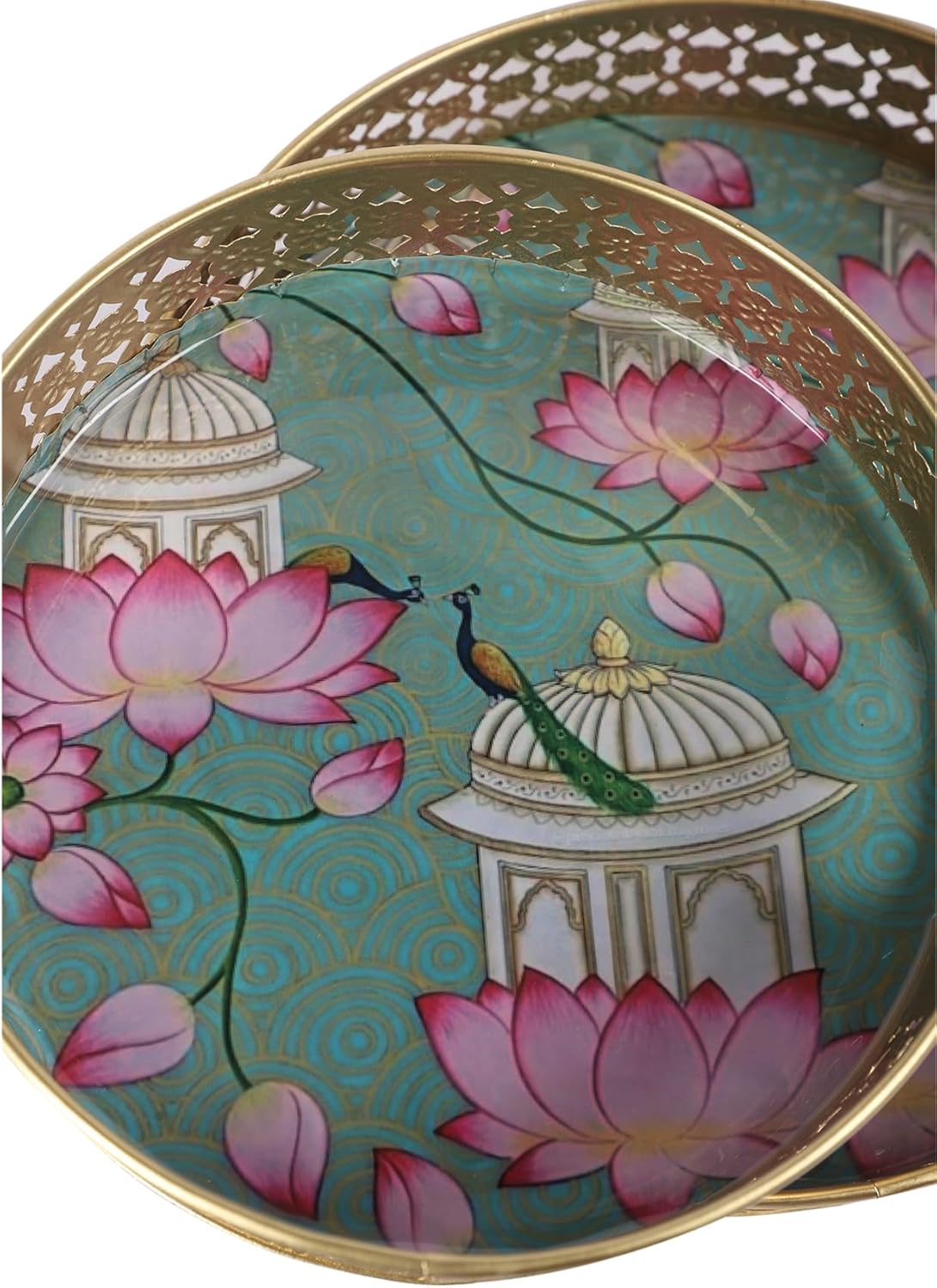 Two Moustaches Metal Rajasthani Round Lotus Flowers Design Serving Trays Set (8 & 10 Inches), Serving Plates for Home, Platters for Tea/Coffee/Snacks, Decorative Pichwai Tray, Multicolored, Pack of 2