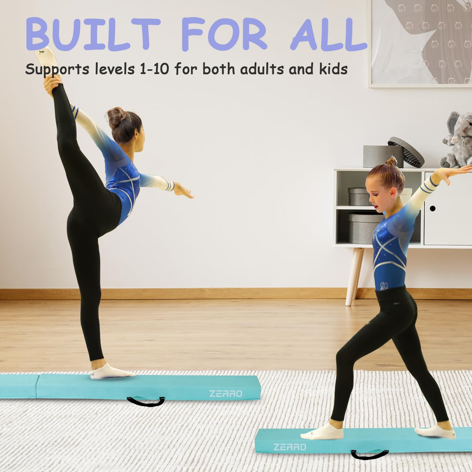 ZERRO Schwebebalken für Zuhause Kinder, 240cm/270cm Balken Turnen Faltbare, Turnbalken Gymnastik Balance, Grün, Lila