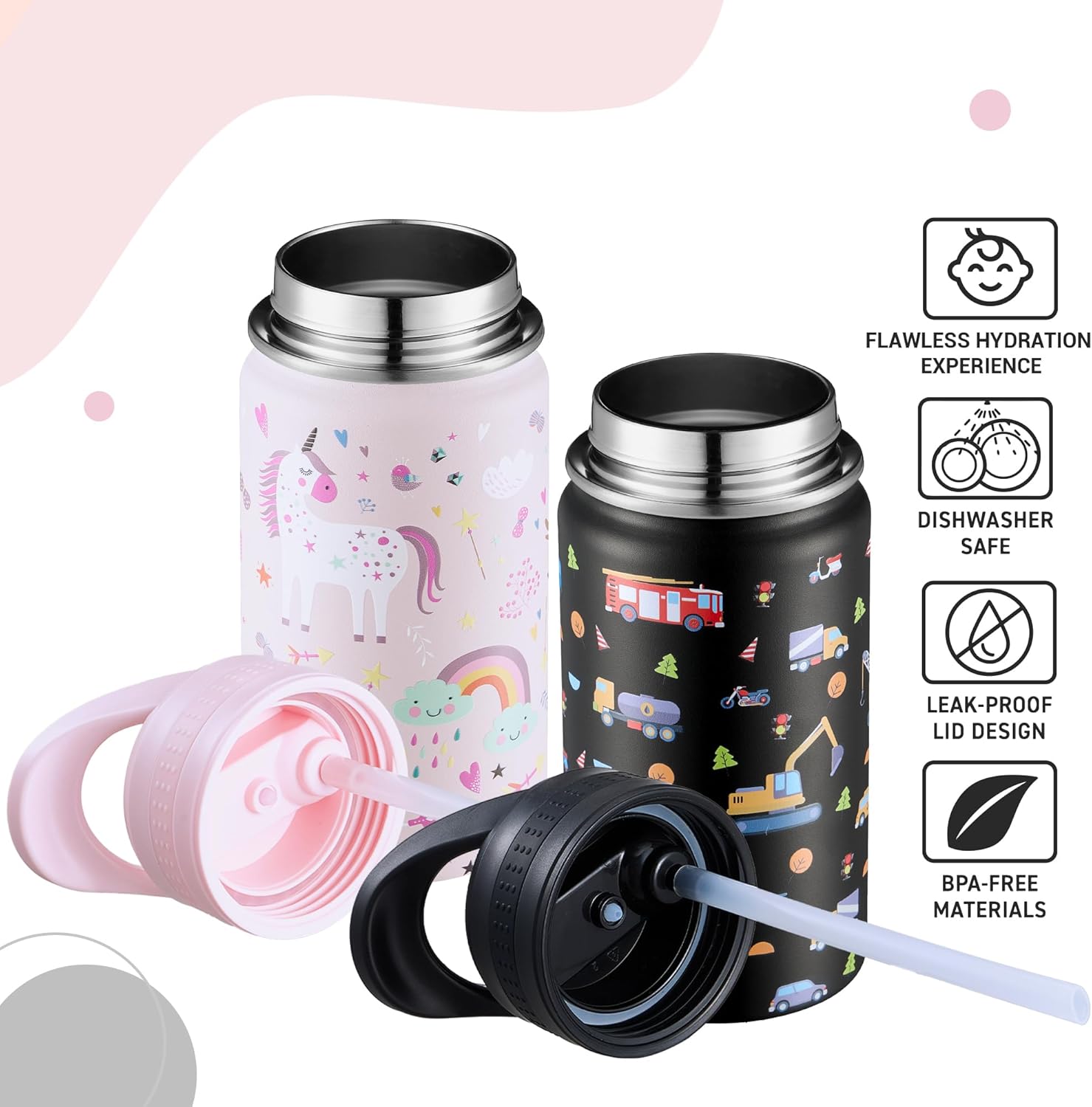 2 Pack Kids Water Bottle,14 Oz Stainless Steel Water Bottle with Straws, Leak-Proof, BPA-Free, Insulated Water Bottles for School Boys & Girls|Black Car + Pink Unicorn - Image 5