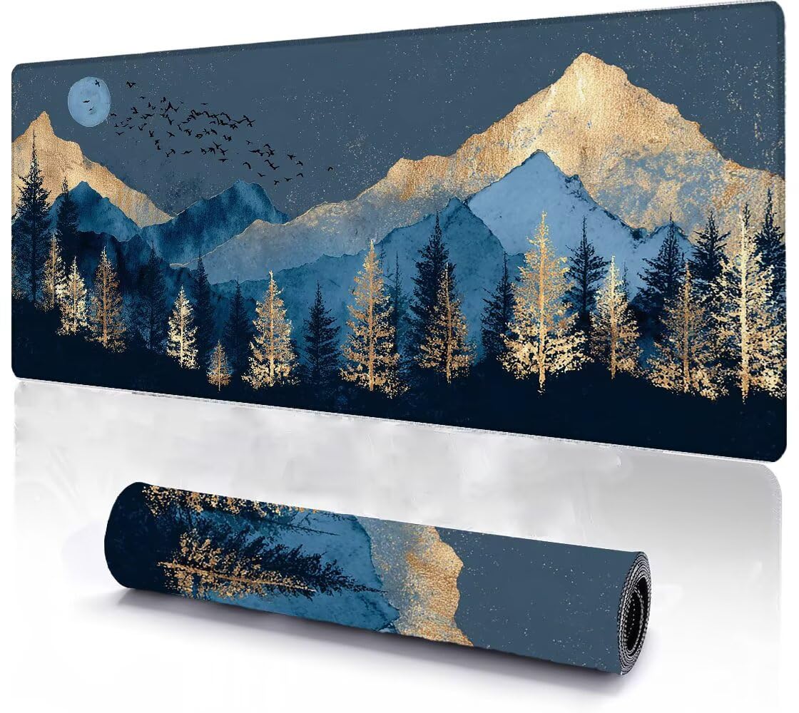 Podkładka pod mysz, duża, gamingowa podkładka pod mysz, XXL, leśne góry, 600 x 1200 x 3 mm, podkładka na biurko, antypoślizgowa, gumowa podstawa, wodoodporna i trwała, podkładka pod klawiaturę, do