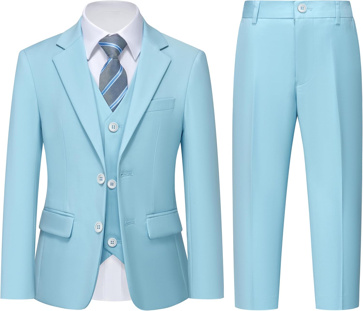 YND Boys 5 Piece Slim Fit Suit Set, Solid Formal Dresswear of Jacket Vest Pants Shirt and Tie