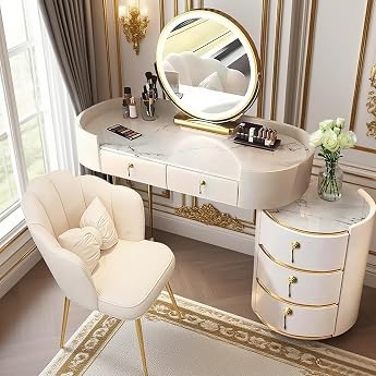 Dressing Table with Lighting and Chair Dressing Table with Three-Colour Smart Mirror Cosmetic Table with 5 Drawers Makeup Table for Modern Bedroom White 80 cm