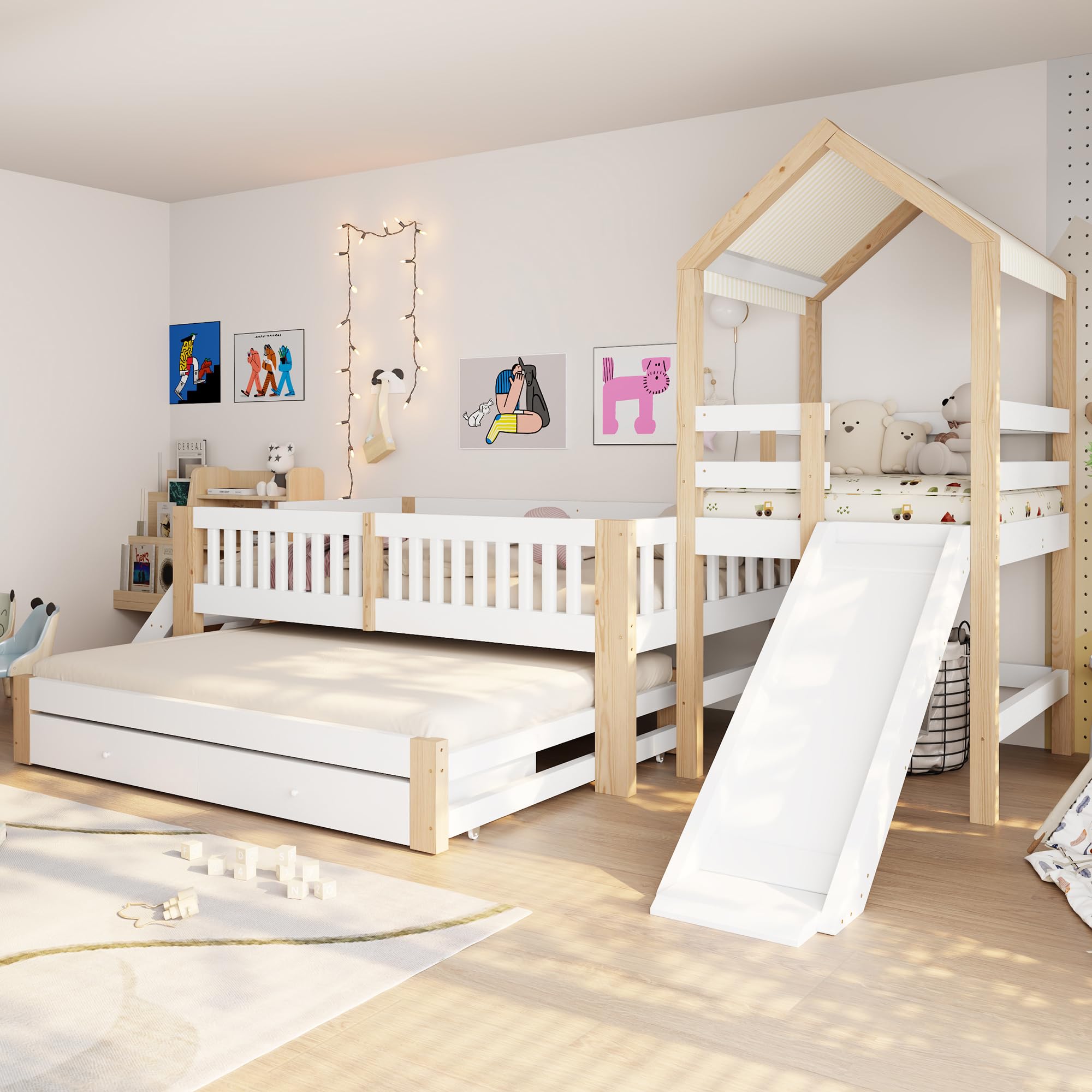 Haus-Kinderbett 90 * 200, Rutsche, Ausziehbett 90 * 190, seitliche Treppe, Schubladen, Massivholzrahmen, Stoffdach, Weiß + Rohholzfarben, Weiß+Natur(ohne Matratze)