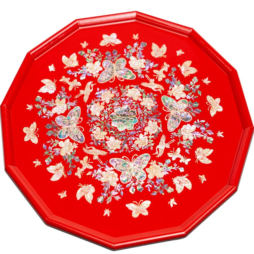 February Mountain Mother of Pearl Tray Decorative Serving Tray for Breakfast,Snacks,Gadgets,Vintage Handcrafted Coffee Table, Kitchen Counter Housewarming gift ideas (Red)