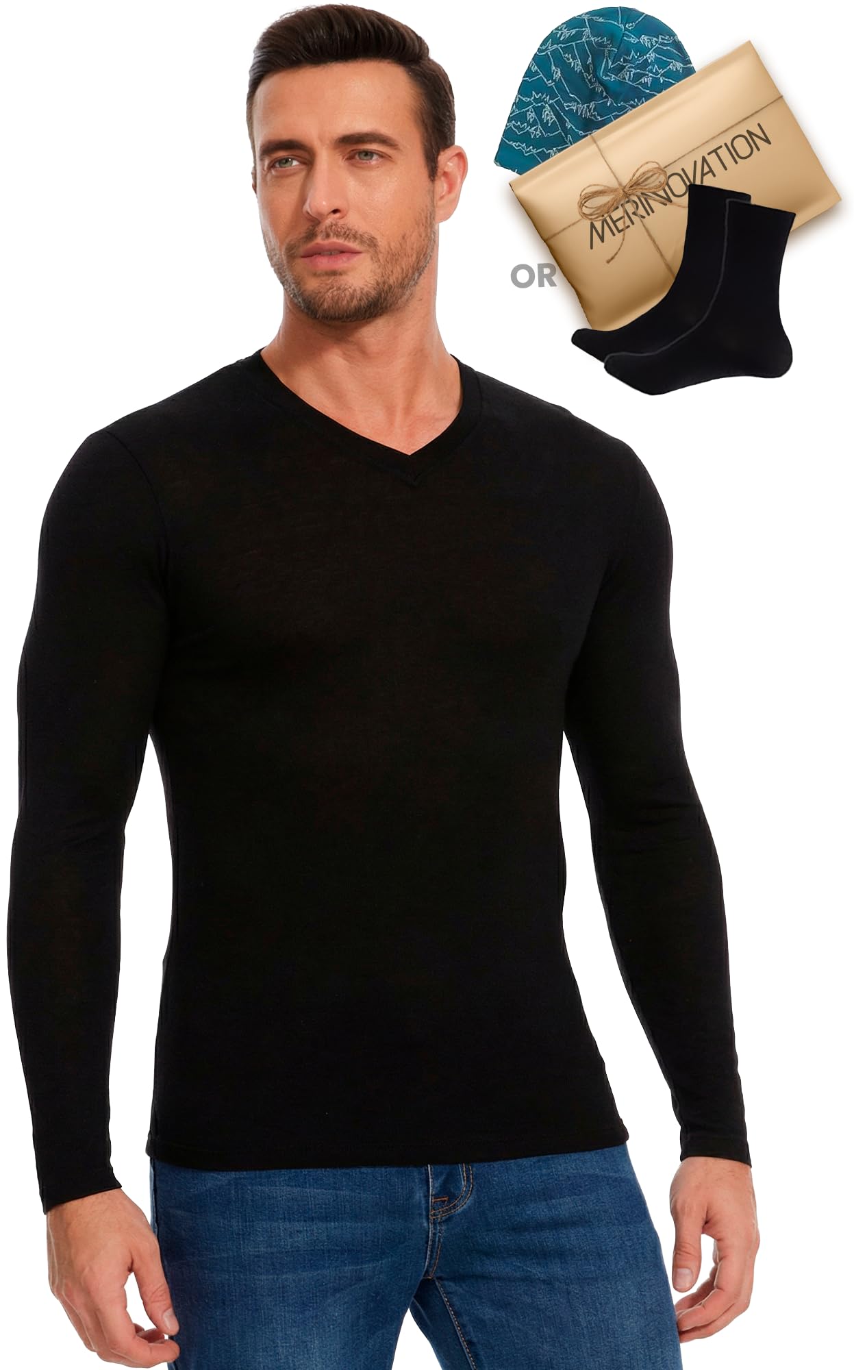 MERINNOVATION Merino Wool Base Layer Mens - 100% Merino Wool Shirts for Men Lite - Midweight Long Sleeve V Neck T-Shirt