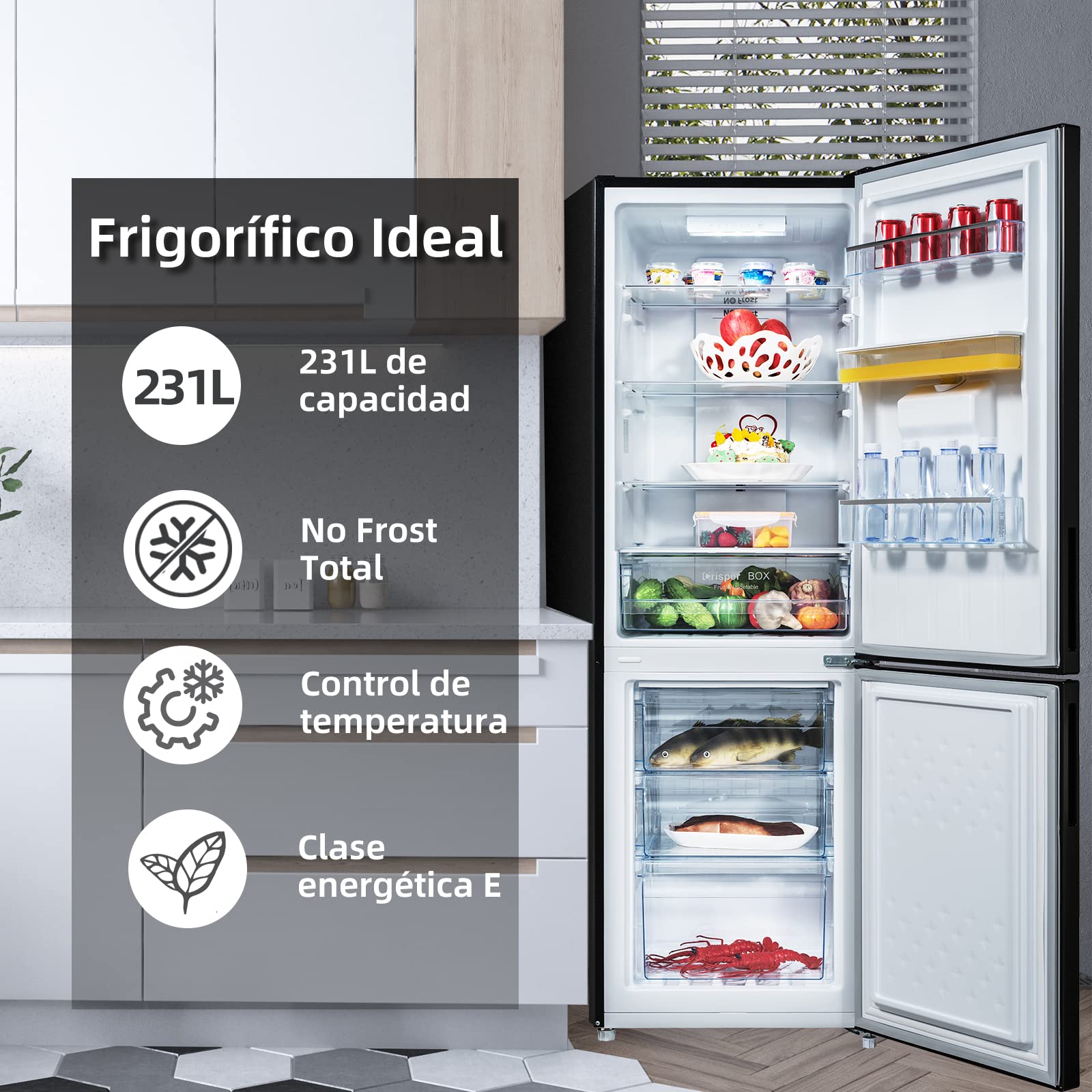 CHiQ FBM228NE4DE No Frost Combi Refrigerator,frigorífico independiente con congelador, combinación de frigorífico y congelador 231 L, sin escarcha, flujo de aire múltiple, dispensador de agua, 170 cm - 3