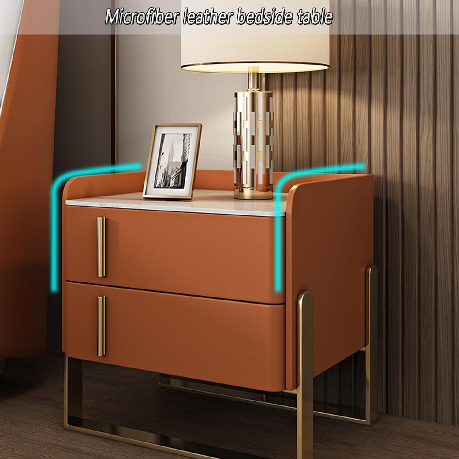 Juego de 2 mesitas de noche modernas con acabado de cuero con cajones, mesitas de noche estrechas para dormitorio, marco de pedestal de metal, mesita de noche para mesas auxiliares de cama