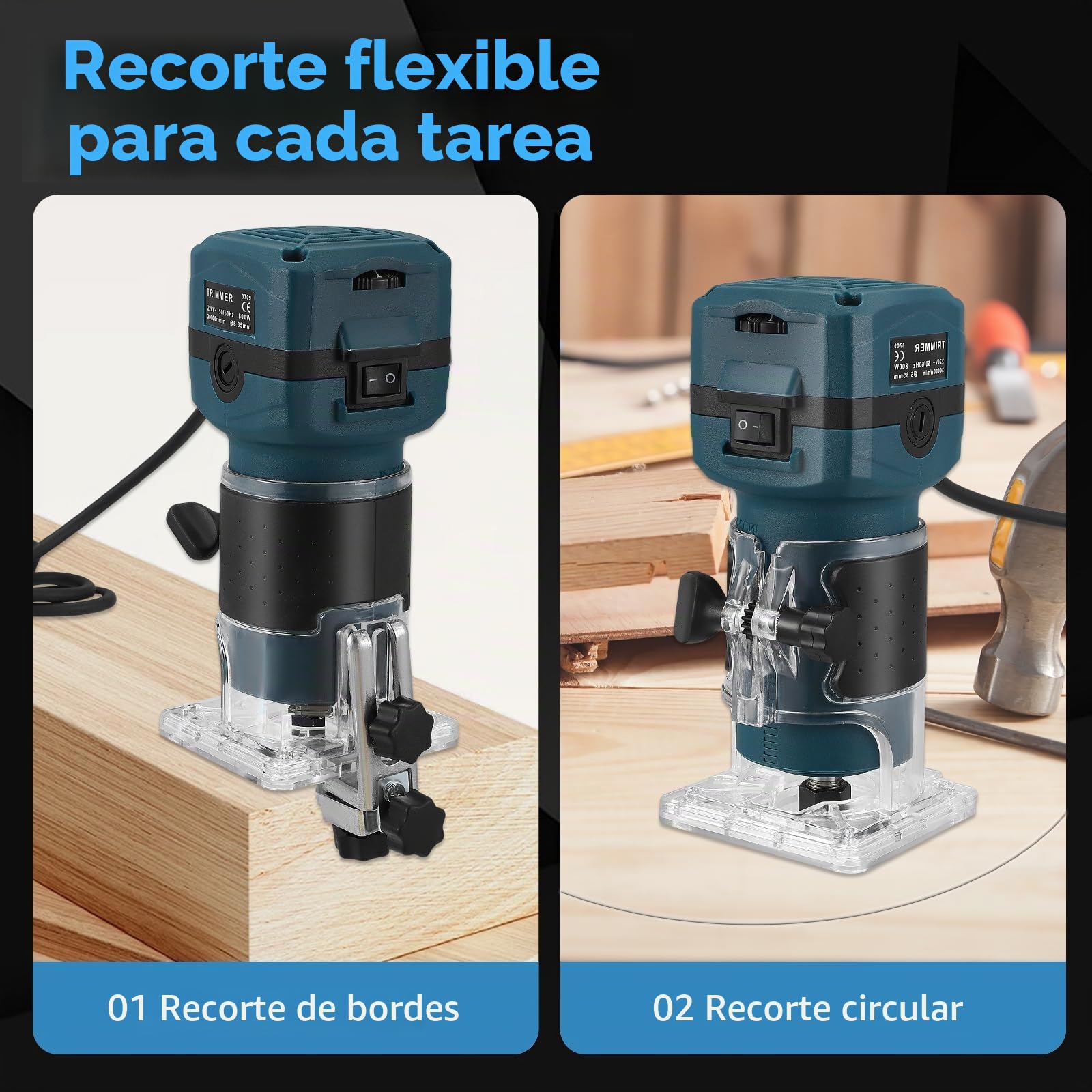 Fresadora Madera Fresadora Rebajadora Eléctrica 800W, 6 Velocidades 10000-30000 RPM, Fresadora de Mano con 15 Piezas Fresas 1/4" y Caja de Madera, Pinza 6.35mm Enchufe UE Azul para Carpintería